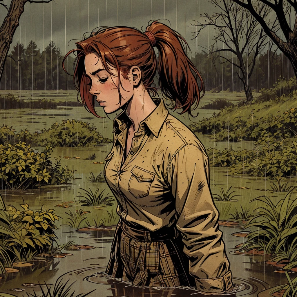 Comic style, solo girl, 1girl, Drowned in quicksand, swamp, bog, grass, tree, wearing unbuttoned flannel shirt, orgasming, looking up, eyes closed, from side, blush, muddy, messy, dirty, overcast weather, rain, red hair, Ponytail, 