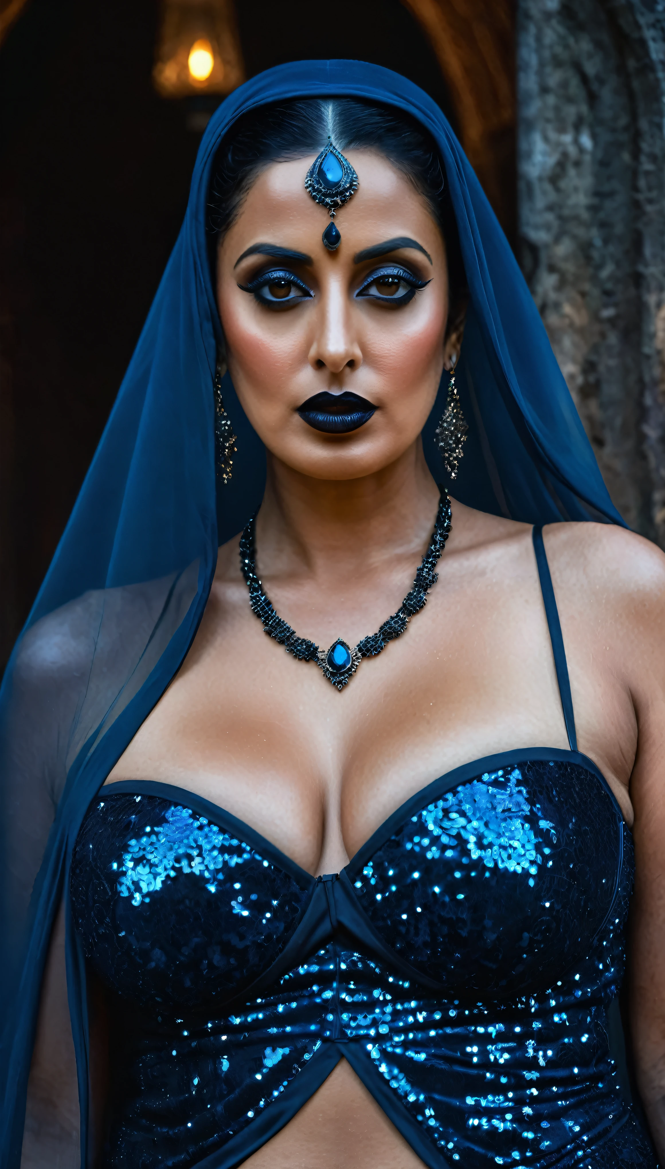 Looks like Mahie Gill, full body Closeup shot, Big chubby aunty, milf, cougar lady witch, horny Gothic milf,  80 years old gorgeous mature lady, pervert demoness, demoness of lust, curvy, black lips, horny face, extremely gorgeous, thick figure, heavy physique, voluptuous, curvy, sexy figure, Fashionable portrait of androgynous alien looking witch wearing veil, glowing eyes, futuristic design, minimal details, givenchy, photoreal, 200mm, hd, f/ 2.0, highly detailed, surreal, sexy beautiful evil woman, sexy bold sequin Saree with strapless Bra, chudail, Pishachini, horror genre, blood-thirsty enchantress, powerful female spirit, eerie, drop dead, in the style of red and blue, (intricate details, hyperdetailed:1.15) (skin texture:1.2), dark Moody tone, cinematic lighting, haunted place in background, 