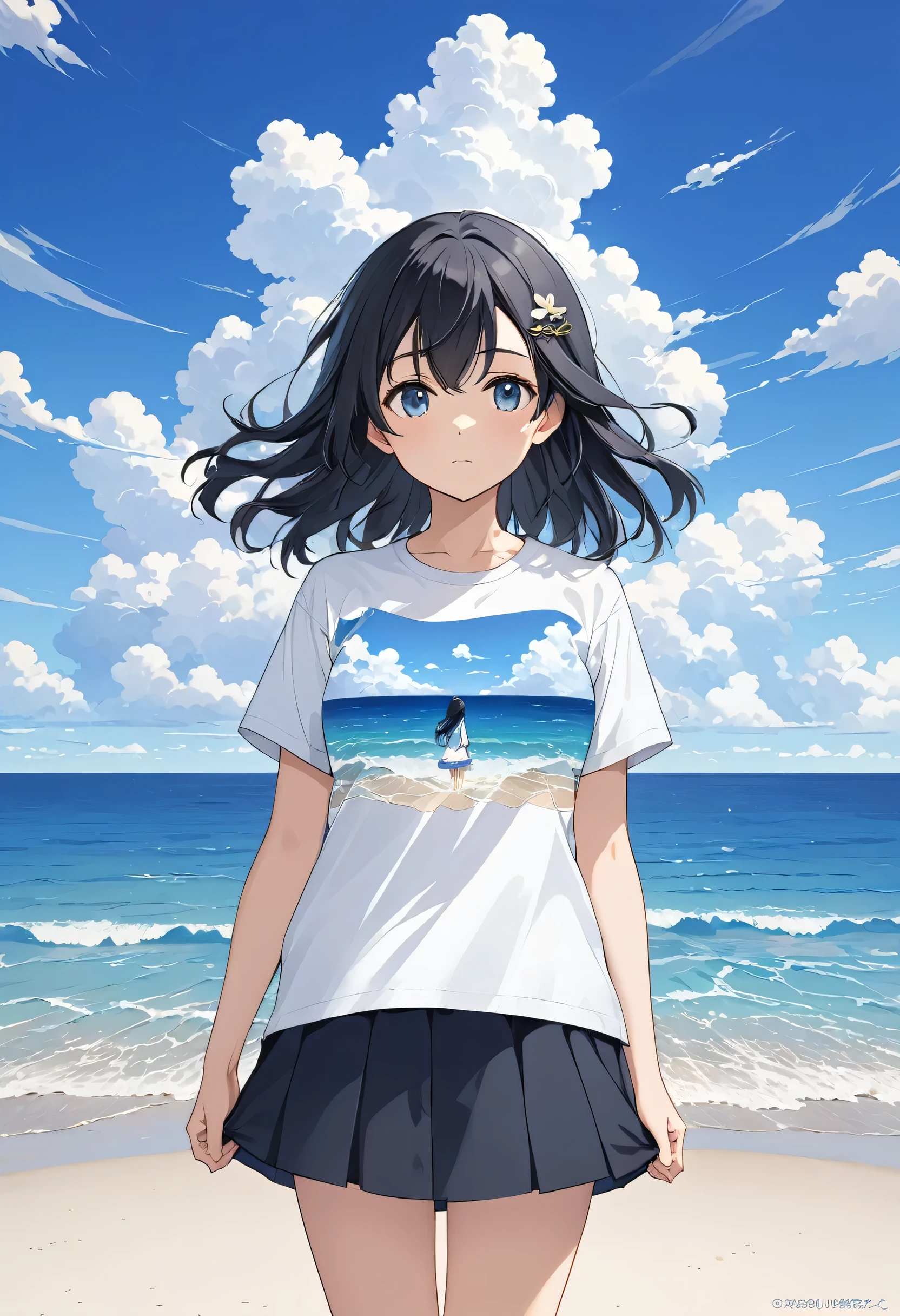 The vast ocean, (A girl in a white T-shirt lying in the middle of the ocean:1.2), Black Hair, Pull composition, whole body, Detailed face, Vision, Calm day, Detailed Clouds, Ocean, Calm waves,