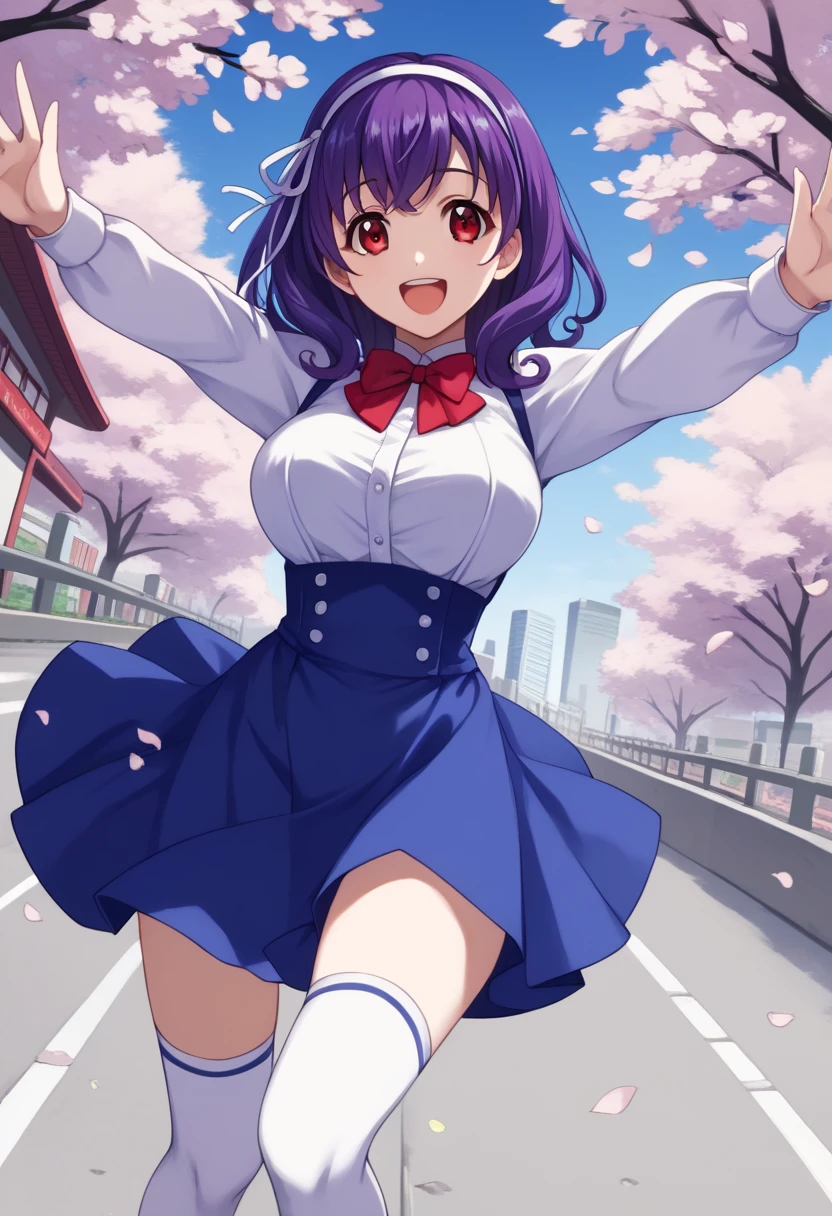 score_9, score_8_up, score_7_up, score_6_up, score_5_up, score_4_up, source_anime, rating_safe, BREAKtomo yamanobe, 1girl, purple hair, medium hair, red eyes, large breasts, hairband, hair ribbon, happy, smile, open mouth, blue dress, white shirt, red bowtie, long sleeves, blue skirt, white thighhighs, dutch angle, looking at viewer, outstretched arms, cherry blossoms, falling petals, city, road, spring \(season\)