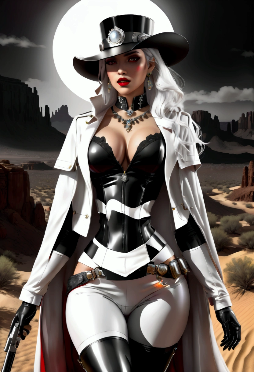 (wild west black and white 19th century photograph style: 1.5) picture of a female vampire cowboy in the desert night, a goth beauty, exquisite beautiful female vampire, ((anatomically correct: 1.5), (ultra detailed face: 1.2), best detailed face, red glowing eyes, full body, busty, wearing white bottom shirt, short skirt, dynamic color. wearing (Gambler Crease hat: 1.2), wearing high heeled boots, wearing open black trench coat, flowing trench coat, (pistol in a holster: 1.1), it is night time in the desert, moon light. moon rays, west America desert canyon background, Hyperrealism style, vibrant, Ultra-high resolution, High Contrast, (masterpiece:1.5), highest quality, Best aesthetics), best details, best quality, highres, ultra wide angle, 16k, [ultra detailed], masterpiece, best quality, (extremely detailed) RAW, chumbasket art style, rpg portrait photograph,