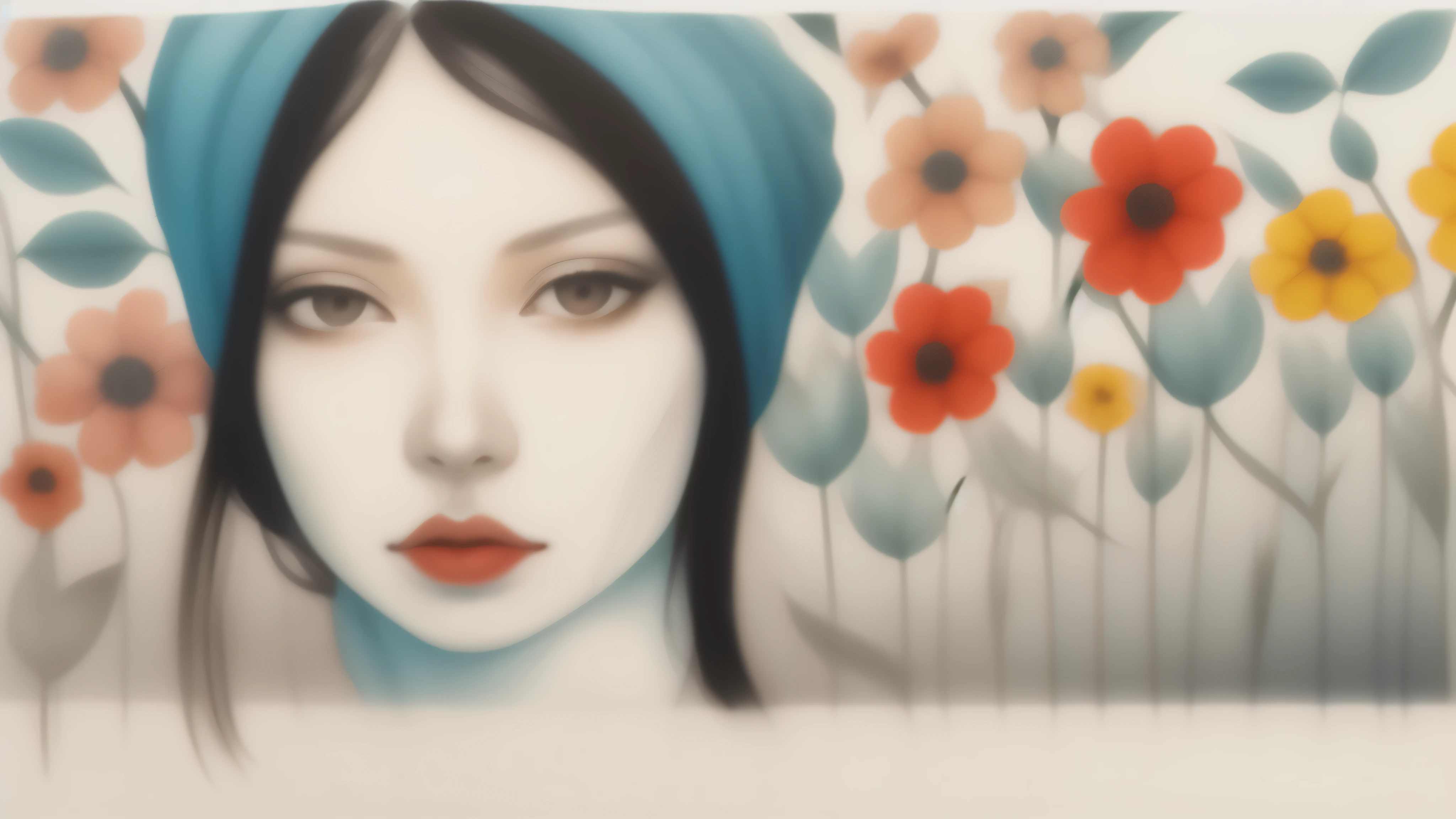 [On a sketchbook sheet with blue lines, A beautiful and intriguing woman looks at the viewer with a slight smile on her lips. She has long, dark hair, that fall on your shoulders. She wears a black hat adorned with red flowers, yellow and purple on the head. The hat contrasts with the white background of the leaf. The image is a true work of pencil painting art, inspired by Diego Koi&#39;s realistic and detailed style, a famous Italian artist.]