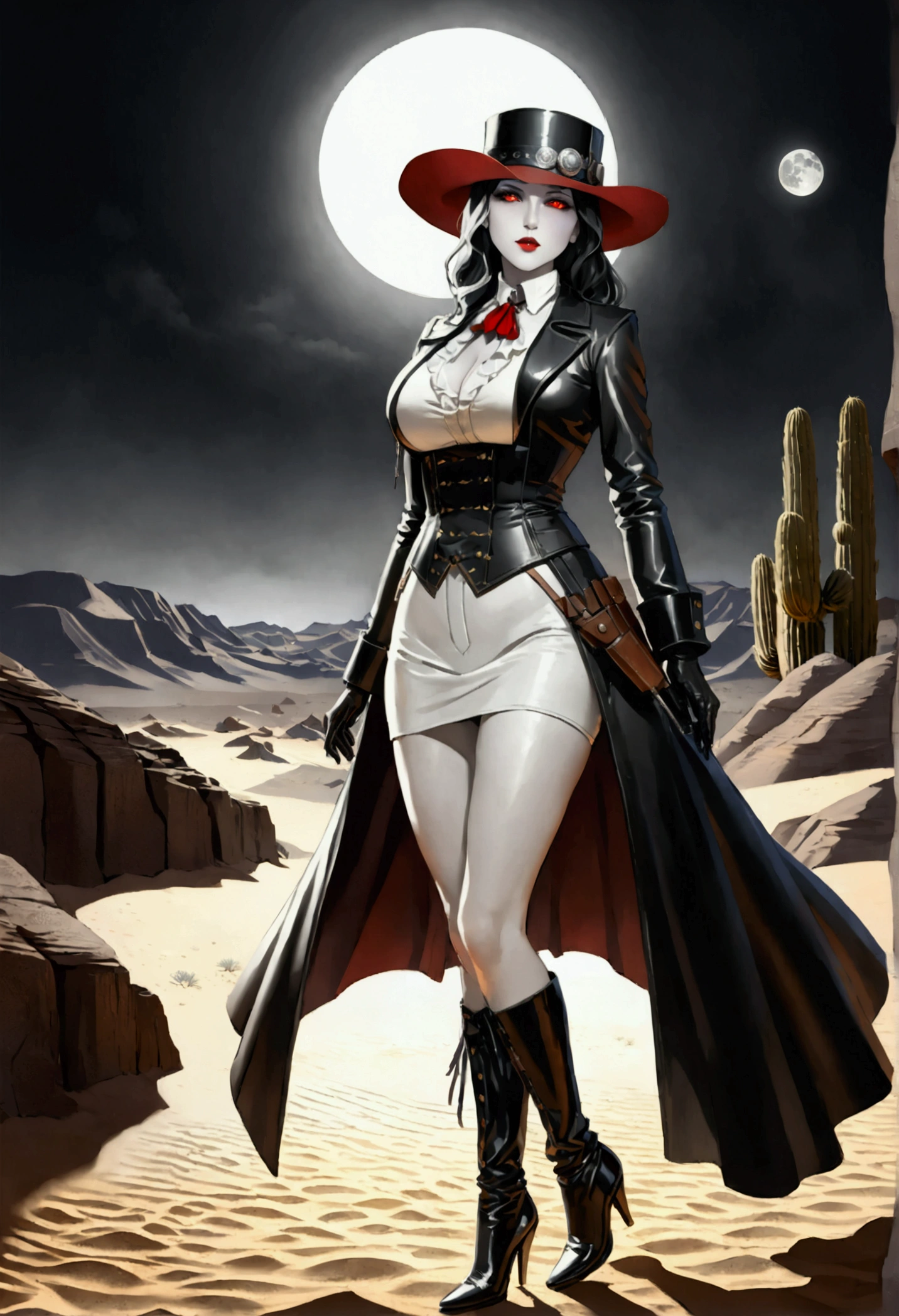 (wild west black and white 19th century photograph style: 1.5) picture of a female vampire cowboy in the desert night, a goth beauty, exquisite beautiful female vampire, ((anatomically correct: 1.5), (ultra detailed face: 1.2), best detailed face, red glowing eyes, full body, busty, wearing white bottom shirt, short skirt, dynamic color. wearing (Gambler Crease hat: 1.2), wearing high heeled boots, wearing open black trench coat, flowing trench coat, (pistol in a holster: 1.1), it is night time in the desert, moon light. moon rays, west America desert canyon background, Hyperrealism style, vibrant, Ultra-high resolution, High Contrast, (masterpiece:1.5), highest quality, Best aesthetics), best details, best quality, highres, ultra wide angle, 16k, [ultra detailed], masterpiece, best quality, (extremely detailed) RAW, chumbasket art style, rpg portrait photograph,