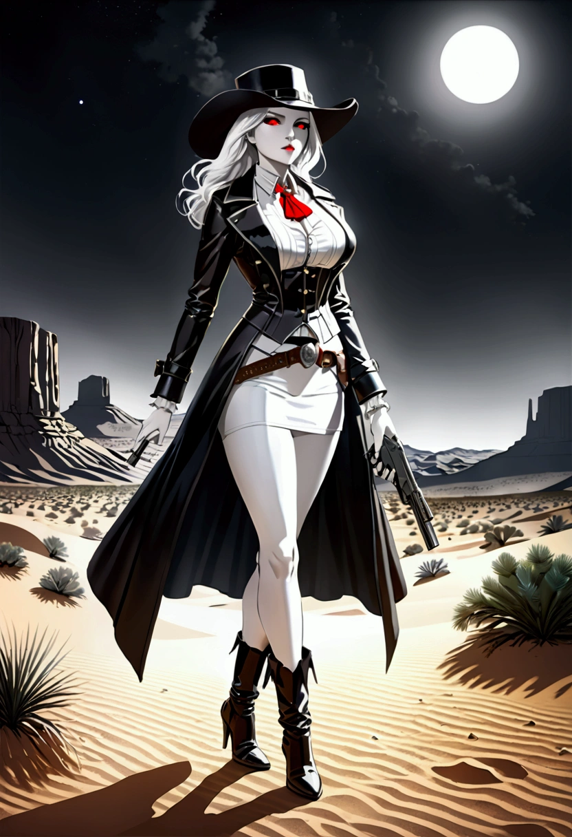 (wild west black and white 19th century photograph style: 1.5) picture of a female vampire cowboy in the desert night, a goth beauty, exquisite beautiful female vampire, ((anatomically correct: 1.5), (ultra detailed face: 1.2), best detailed face, red glowing eyes, full body, busty, wearing white bottom shirt, short skirt, dynamic color. wearing (Gambler Crease hat: 1.2), wearing high heeled boots, wearing open black trench coat, flowing trench coat, (pistol in a holster: 1.1), it is night time in the desert, moon light. moon rays, west America desert canyon background, Hyperrealism style, vibrant, Ultra-high resolution, High Contrast, (masterpiece:1.5), highest quality, Best aesthetics), best details, best quality, highres, ultra wide angle, 16k, [ultra detailed], masterpiece, best quality, (extremely detailed) RAW, chumbasket art style, rpg portrait photograph,