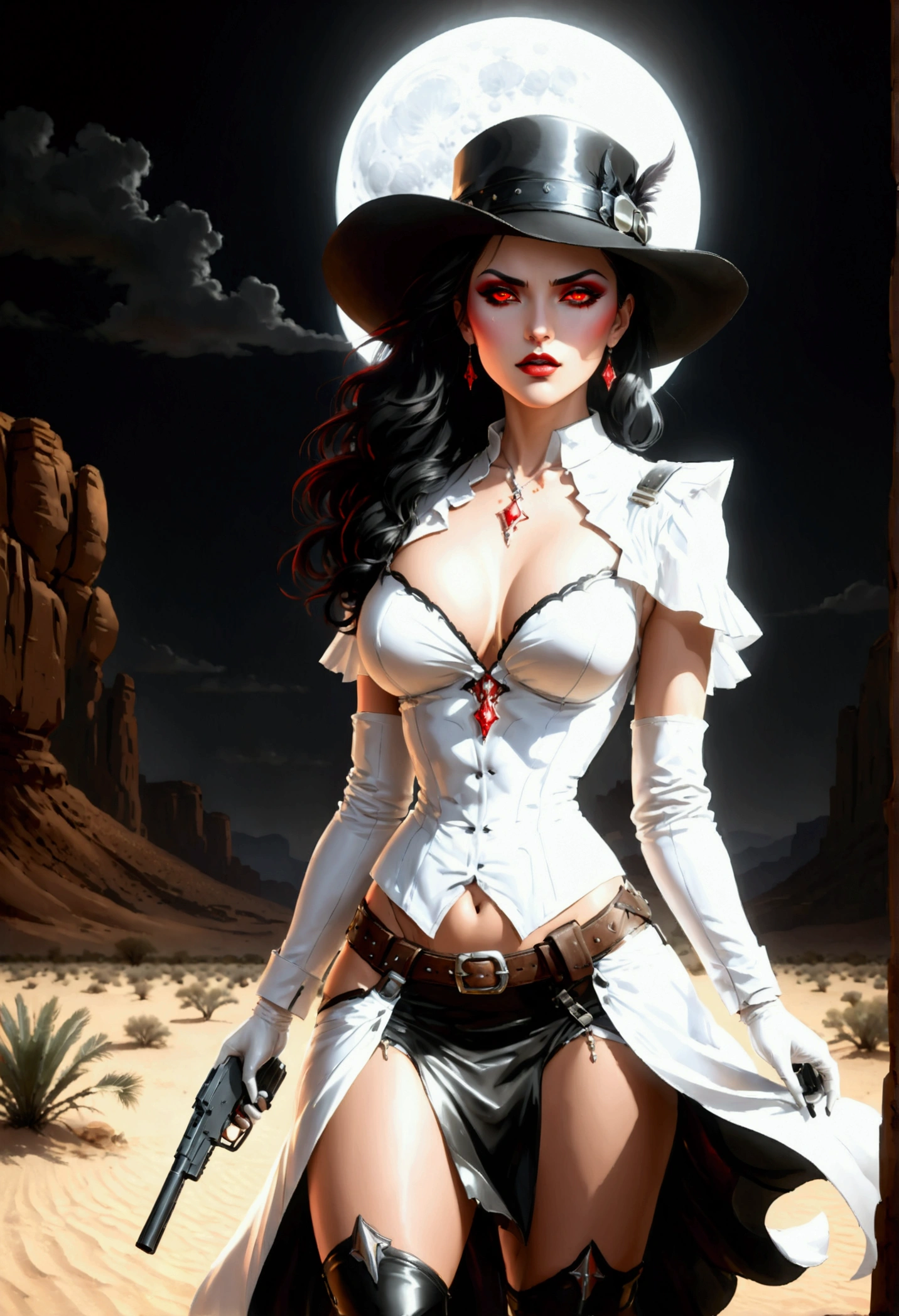 (wild west black and white 19th century photograph style: 1.5) picture of a female vampire cowboy in the desert night, a goth beauty, exquisite beautiful female vampire, ((anatomically correct: 1.5), (ultra detailed face: 1.2), best detailed face, red glowing eyes, full body, busty, wearing white bottom shirt, short skirt, dynamic color. wearing (Gambler Crease hat: 1.2), wearing high heeled boots, wearing open black trench coat, flowing trench coat, (pistol in a holster: 1.1), it is night time in the desert, moon light. moon rays, west America desert canyon background, Hyperrealism style, vibrant, Ultra-high resolution, High Contrast, (masterpiece:1.5), highest quality, Best aesthetics), best details, best quality, highres, ultra wide angle, 16k, [ultra detailed], masterpiece, best quality, (extremely detailed) RAW, chumbasket art style, rpg portrait photograph,