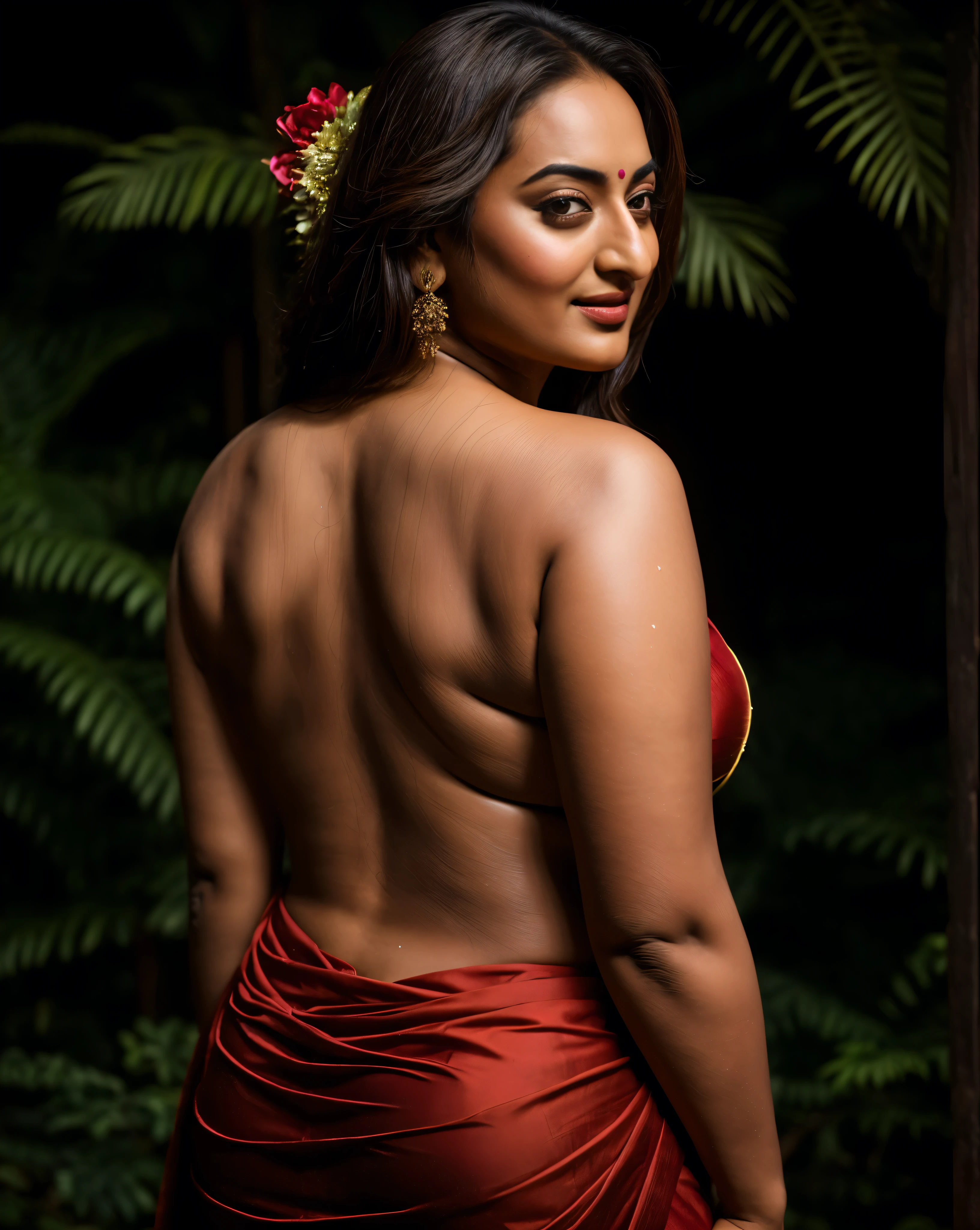 Sexy lady flaunts her sexy bare back, attractive feminine curve, Foto RAW, photorealistic, photography, full body shot, master shot, perfect eyes, goddess like beauty, pierced eyes, perfect thick chubby mallu Desi aunty bhabhi, Wearing a Stanapatta, a chest-band.Saree model, model Photography, Indian saree shoot, Indian traditional wear advertising photography, traditional wear brand shoot, face of Indian actress Sonakshi Sinha, masterpiece, realistic, realism, incredible details, pleasure, photorealism, detailed skin, skin pores, high contrast, photorealistic Artstation 8k HD digital art trend of high definition and detailed realistic skin texture, ultra detail, realistic skin texture, armature, best quality, ultra high definition, (photorealistic:1.4),, high resolution, detail, raw photo, sweat, Re sharp, by Lee Jefferies Nikon D850 Film Stock Photo 4 Kodak Portra 400 Camera F1.6 Lens Rich Color Ultra Real Realistic Realistic Textures Dramatic Lighting Unreal Engine Trending at Art Station Cinestill 800,(pele altamente detalhada: 1.2), 8k UHD, DSLR, soft-lighting, alta qualidade, grain of film, Fujifilm XT3,she didn't like to wear blouse or bra, she is happy to wear only saree, she hates blouse or bra, detailed hairy armpits, hyper realistic skin, skin pores, sweat, veins, The open back looks attractive in a saree without a blouse, appealing figure, appealing body language, her full body is drenched in oil which makes her Hot sensual, aesthetics,