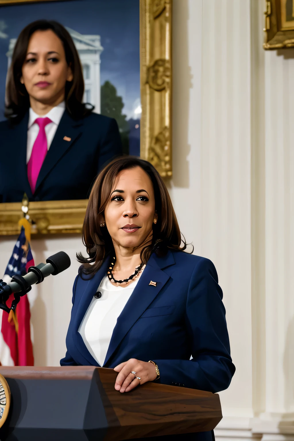 Kamala Harris standing at the presidential podium in the White House
