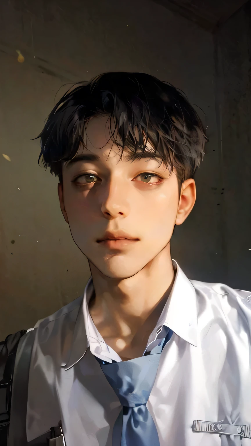 a young man poses for a close-up selfie in a dimly lit room. He has short black hair styled to frame his face and is wearing a white shirt with a collar and a grey tie. His skin has a glossy sheen, possibly from lighting, and he gazes directly at the camera with a serious expression. The background is a muted, textured wall that emphasizes his features, male ulzzang, inspired by Jang Seung-eop, boy hair, inspired by Ueda Fumito, inspired by Joong Keun Lee, inspired by Kim Jeong-hui, jungkook, bowl haircut, black short curtain haircut, inspired by Kim Myeong-guk, blcak hair, inspired by Sugimura Jihei, chin-length hair, boyish face, inspired by Kim Eung-hwan, low quality photo, inspired by Yeong-Hao Han, eboy, hair