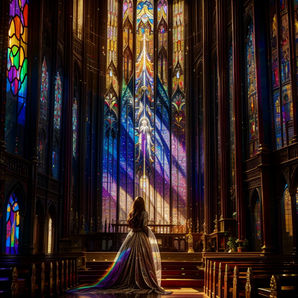 Red carpet (Cathedral from below:1.28) VolumetricLighting (FullBody ZoomedOut:1.28 Wide-shot) ZoomLayer (BokeH:1.32), TopQuality 8K masterpiece of ((Professional photo)), (((Clarisse de Cagliostro))) (Detailed Delicate White Dresses), Chain, Extremely detailed (KAWAII face) {(VeiledFace)|BlondeHair|(Spanking BuleEyes)}, The background is distant (((Elaborate stained glass))) Rainbow Glass, (MysticSight) {(GodRays)|Haze|TyndallEffect}, Radiant PearlSkin with Transparency, (Exposed:0.38)