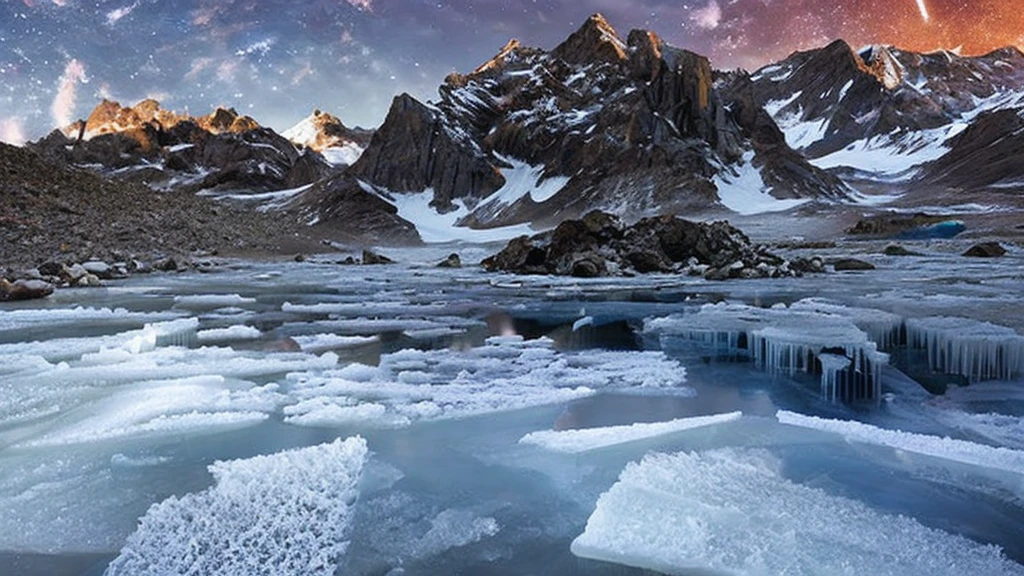 Create a hyper realistic image in very high definition (4k) of a frozen landscape on an alien planet. The environment must be completely covered with ice and snow, without liquid water, with intricate black rocks. It&#39;s a frozen, frozen desert. Include some futuristic alien constructions and buildings such as extraterrestrial colonies.. The scene must also show parked alien spaceships. In the landscape, You can see some humanoids with polar clothing, being part of an important population. The sky is gray, stormy and tempestuous, with wind visible on the scene. Lighting should be cinematic style, highlighting the realism and details of the image.