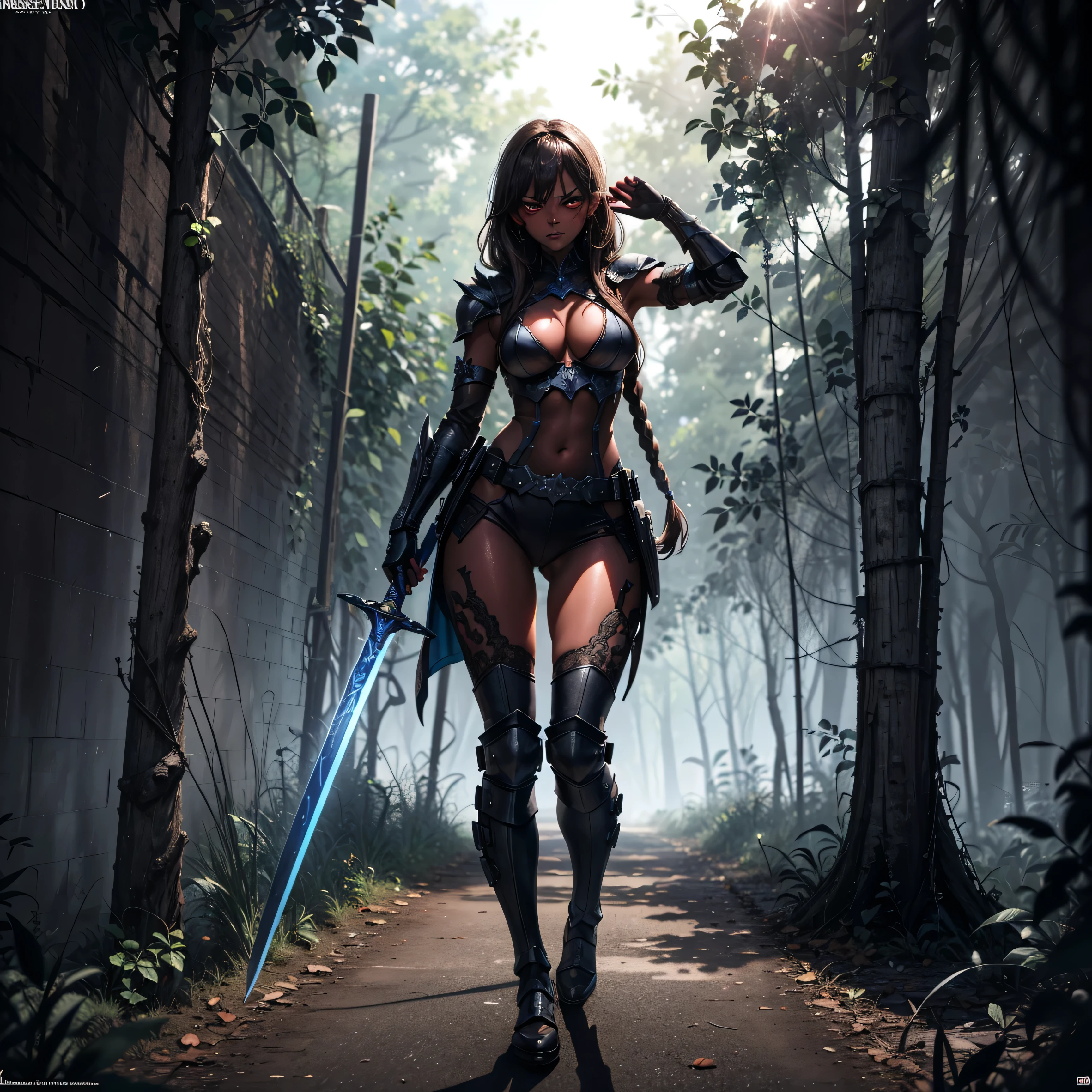 (High Detail:1.2) Anime Girl, (Best quality, Detailed), (dark and angry, blushing, gravelly:1.3, dark:1.2), 1girl, (solo), long braids hair, dark brown hair, ((black eyes)), black skin, small breasts, black plate armor, (big sword), full body, sinister, intense look, forest, background dark, Volumetric light, hyper realistic, super detailed, Dynamic pose, (very sexy body, detailed face, detailed eyes, masterpiece, highly detailed, 8k, best quality, vibrant colors, digital art, concept art)