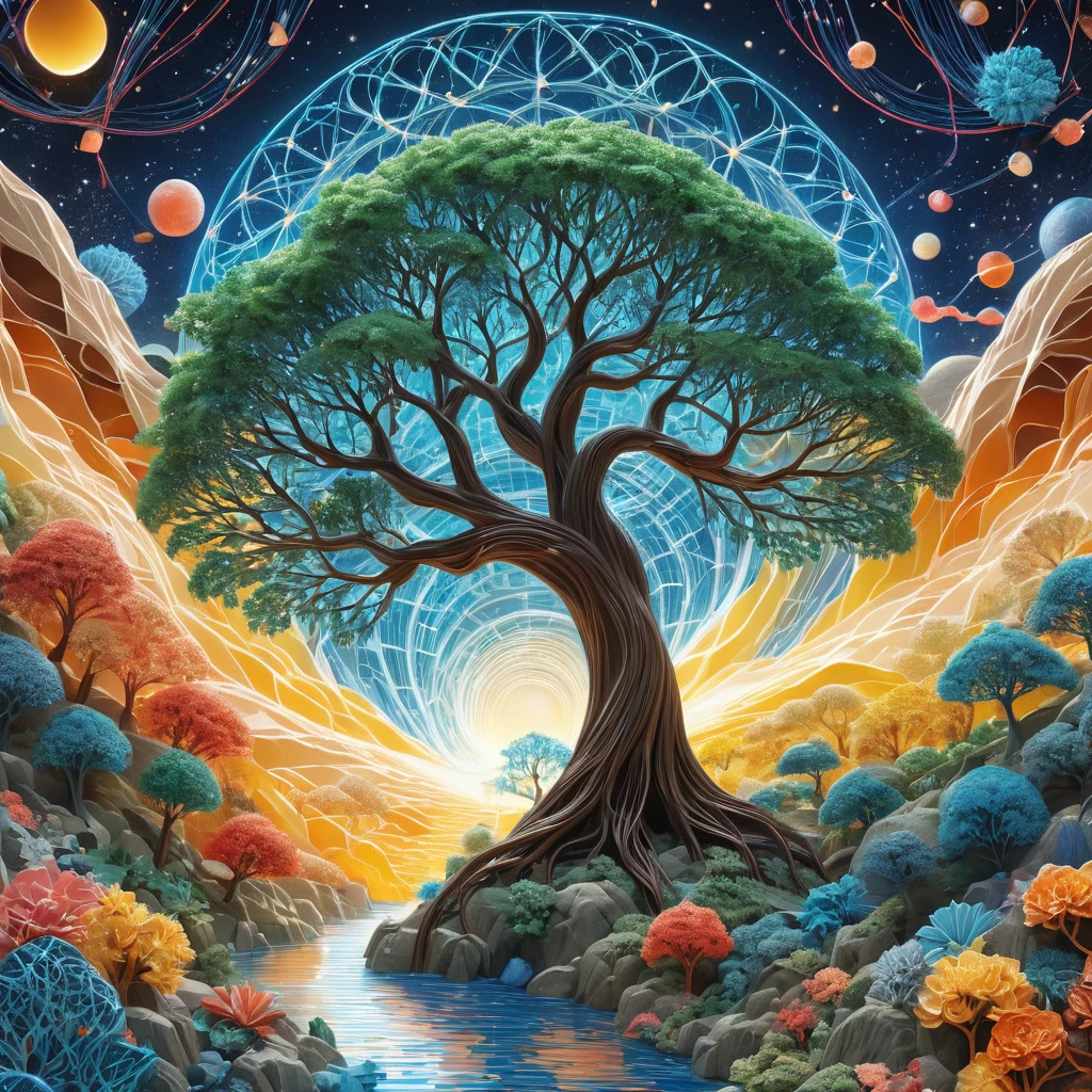 (Evolution of life)、Fibonacci、the golden ratio、melted wax、visible brush strokes、3D Tessellation Wireframe、neural graph、neurons、The Tree of Life、Color、sensitivity、passion、The ultra -The high definition、8k hd、masterpiece