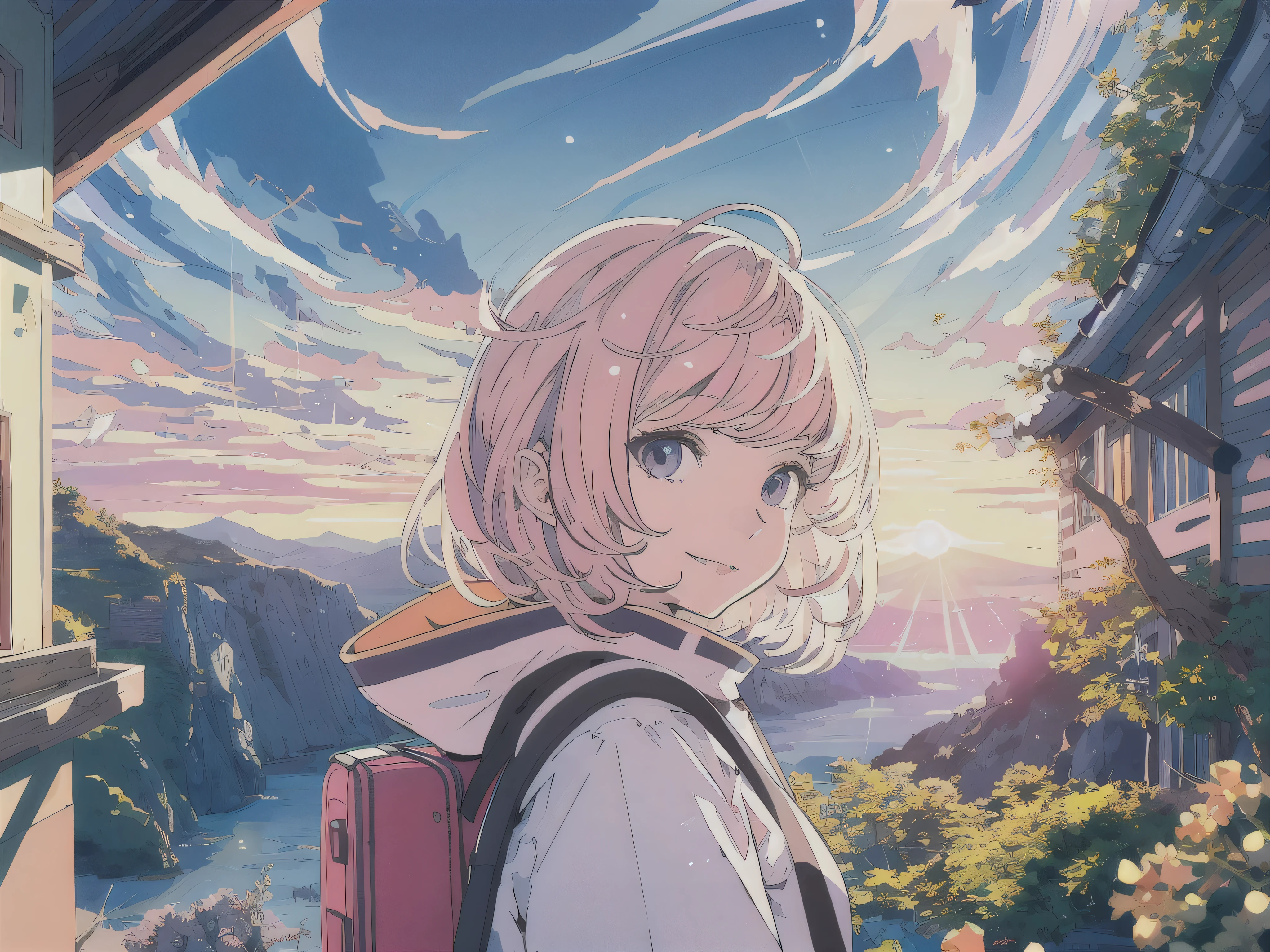 Stable Diffusion prompt: anime female girl traveler,illustration or 3D rendering,adventurous spirit,cute detailed eyes and face,vibrant colors,soft lighting,best quality,HD,content smile,journey,suitcase,pink hair,bow,exploring,beautiful detailed lips,stylish clothes,wandering in a scenic landscape,fantasy elements,freedom,expressive pose,close up picture of the face, focus on face, sunset palette,peaceful atmosphere,natural beauty,mystical charm,sparkling eyes,travel diary,open road,positive energy,curious gaze,lively personality,excitement,inspiring textures,sunlit path,magical moments,blissful enjoyment,dreamlike aura.

(Please do not include the "Stable Diffusion prompt:" part when using the prompt)