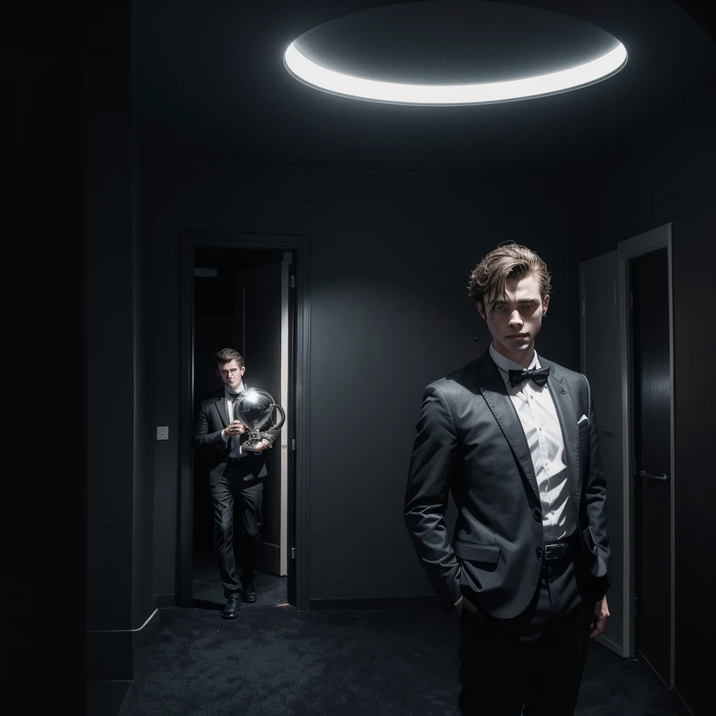 Let it be a black room in which there is a man holding a trophy in his right hand while a telephone is in his left.