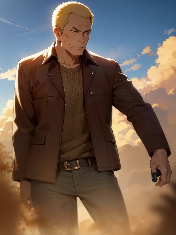 (Ultra-high resolution), (masterpiece), (Attention to detail), (high quality), (最high quality), One Man, (Teppei Hojo), Middle-aged men, elder, Blonde, (Iris), Chin, Gold Necklace, (Western Cowboy), (fringed leather jacket), bandana, Chaps, Western Boots, big buckle belt, Showdown scene in the wilderness, Cowboy standing in the dust, The moment he was about to pull out his gun, Dust in the wind