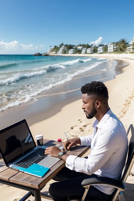 A millionaire man on the beach, working on the computer and with the computer screen earning money