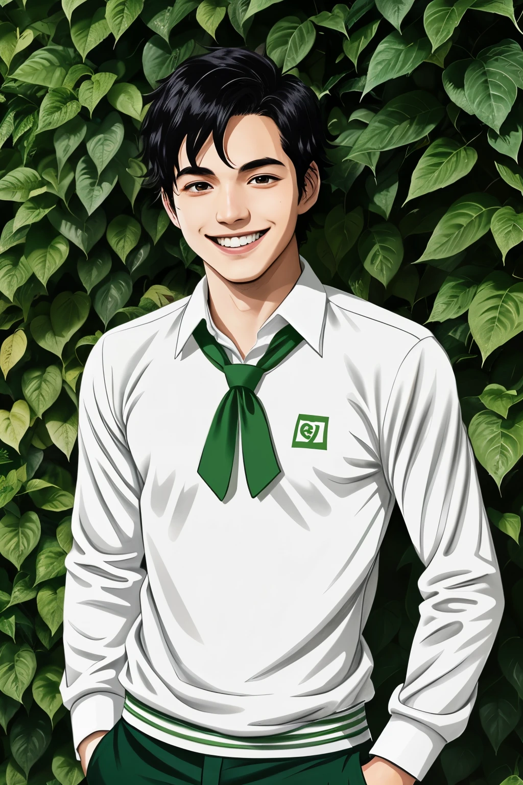 a young man with black hair, grey eyes, white skin smiling softly with a small green aura and is surrounded by climbing plants, ( (Boku no Hero Academy type drawing) )