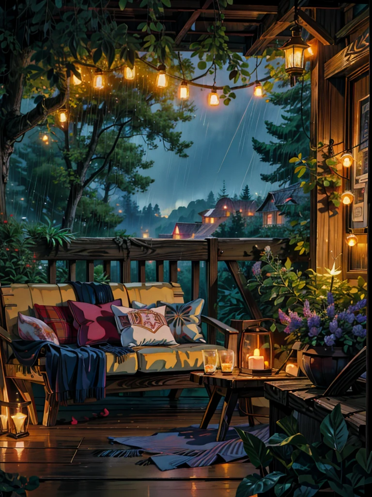 painting of a couch sitting on top of a wooden deck, cozy night fireflies, cozy and peaceful atmosphere, cozy atmosphere, soothing and cozy landscape, rainy evening, pleasant cozy atmosphere, cozy home background, cosy atmosphere, cozy place, at evening during rain, beautiful terrace, by Evgeny Lushpin, cozy setting, rainy environment, cozy atmospheric, cosy atmoshpere, 4k hd,, beautiful art uhd 4 k, a beautiful artwork illustration, beautiful digital painting, highly detailed digital painting, beautiful digital artwork, detailed painting 4 k, very detailed digital painting, rich picturesque colors, gorgeous digital painting
