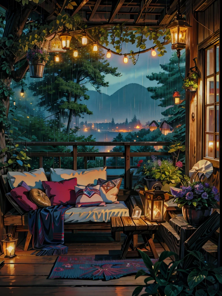 painting of a couch sitting on top of a wooden deck, cozy night fireflies, cozy and peaceful atmosphere, cozy atmosphere, soothing and cozy landscape, rainy evening, pleasant cozy atmosphere, cozy home background, cosy atmosphere, cozy place, at evening during rain, beautiful terrace, by Evgeny Lushpin, cozy setting, rainy environment, cozy atmospheric, cosy atmoshpere, 4k hd,, beautiful art uhd 4 k, a beautiful artwork illustration, beautiful digital painting, highly detailed digital painting, beautiful digital artwork, detailed painting 4 k, very detailed digital painting, rich picturesque colors, gorgeous digital painting