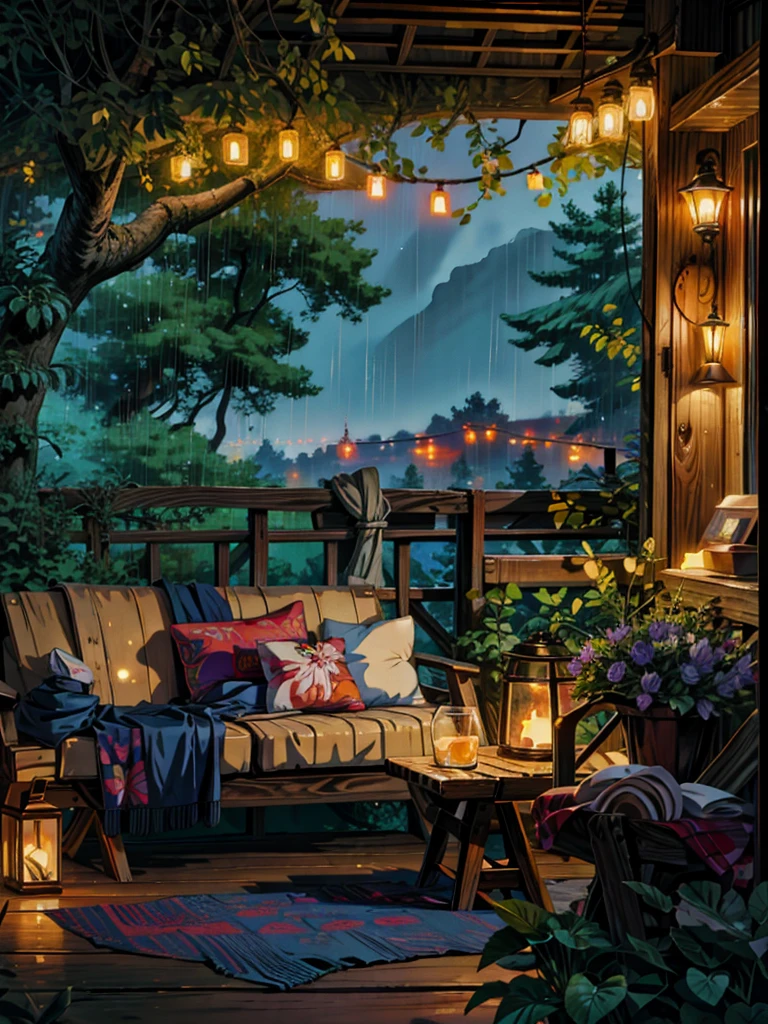 painting of a couch sitting on top of a wooden deck, cozy night fireflies, cozy and peaceful atmosphere, cozy atmosphere, soothing and cozy landscape, rainy evening, pleasant cozy atmosphere, cozy home background, cosy atmosphere, cozy place, at evening during rain, beautiful terrace, by Evgeny Lushpin, cozy setting, rainy environment, cozy atmospheric, cosy atmoshpere,  4k hd,, beautiful art uhd 4 k, a beautiful artwork illustration, beautiful digital painting, highly detailed digital painting, beautiful digital artwork, detailed painting 4 k, very detailed digital painting, rich picturesque colors, gorgeous digital painting