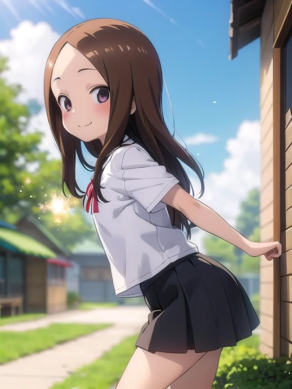 masterpiece, best quality,1girl,takagi1,overexposure, bokeh, depth of field, atmospheric lighting, outdoors, light particles, glow, shiny, sky, light rays, sunlight,Long hair,), takagi-san 1girl in , flat chest , masterpiece, Best Quality, Sibitai.With preview , evil smile, beer mug, pantie black. Drunk . Lifting her skirt showing pantie. 