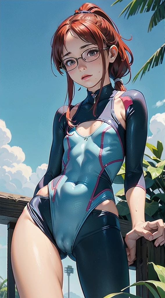 (burst into laughter),glasses,(colorful cswimsuit:1.4),(covered erectile :1.3),(Muscular:1.5),(cleavage cutout:1.3), (show off :1.3),(:1.4),(wet uniform:1.2),( through clothes),(top-quality:1.5)、(masuter piece:1.5)、(hight resolution:1.5)、(Raw photography:1.5)、realisitic、(covered erectile :1.5),Photorealsitic、high detal、film grains、Detailed skin、Bloomlight、Symetrical、8K、extremely delicate and beautiful、illustratio、 1girl in, (cute face),(medium :1.3),braid ponytail,medium hair,red hair,Thin leg,delicate and pretty,(face perfect),beatiful detailed eyes,Real Human Skin,pores, face,(13yo student),(Peerless beautiful girl),Midsummer,midsummer sunshine