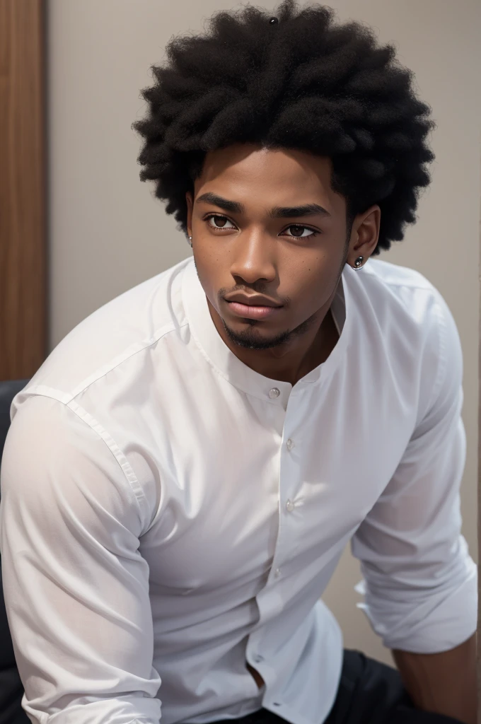 A black boy with afro hair piercing his nose, white  shirt 