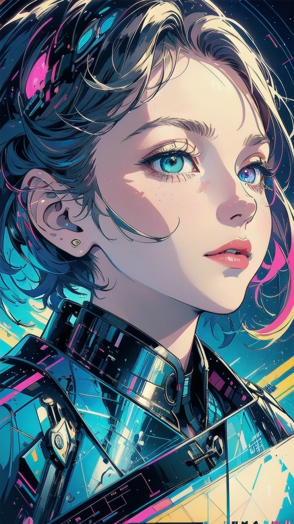 (((masterpiece, highest quality))),(((solo:1.2))),(((1girl:1.2))),32k wallpaper, very detailed, poster, vintage science fiction,(((((geometric cinematic movie poster))))), ((bauhaus)),(shape),(((abstract))),(mid century modern),movie poster,(((((portfolio))))),(((((Close-up))))),(((((bust up))))),((((more various angle)))),(((highlight))),Vast landscape,((((heterochromia)))),(((complete. detailed face))),(((Extremely talented))),(((most complecated machine))),(Colorful color scheme),(reflection neon light)