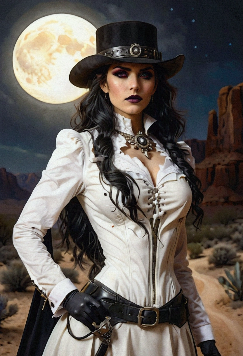 (wild west black and white 19th century photograph style: 1.5) picture of a female vampire cowboy in the desert night, a goth beauty, exquisite beautiful female vampire, ((anatomically correct: 1.5), (ultra detailed face: 1.2), best detailed face, red glowing eyes, full body, busty, wearing white bottom shirt, short skirt, dynamic color. wearing (Gambler Crease hat: 1.2), wearing high heeled boots, wearing open black trench coat, flowing trench coat, (pistol in a holster: 1.1), it is night time in the desert, moon light. moon rays, west America desert canyon background, Hyperrealism style, vibrant, Ultra-high resolution, High Contrast, (masterpiece:1.5), highest quality, Best aesthetics), best details, best quality, highres, ultra wide angle, 16k, [ultra detailed], masterpiece, best quality, (extremely detailed) RAW, chumbasket art style, rpg portrait photograph,