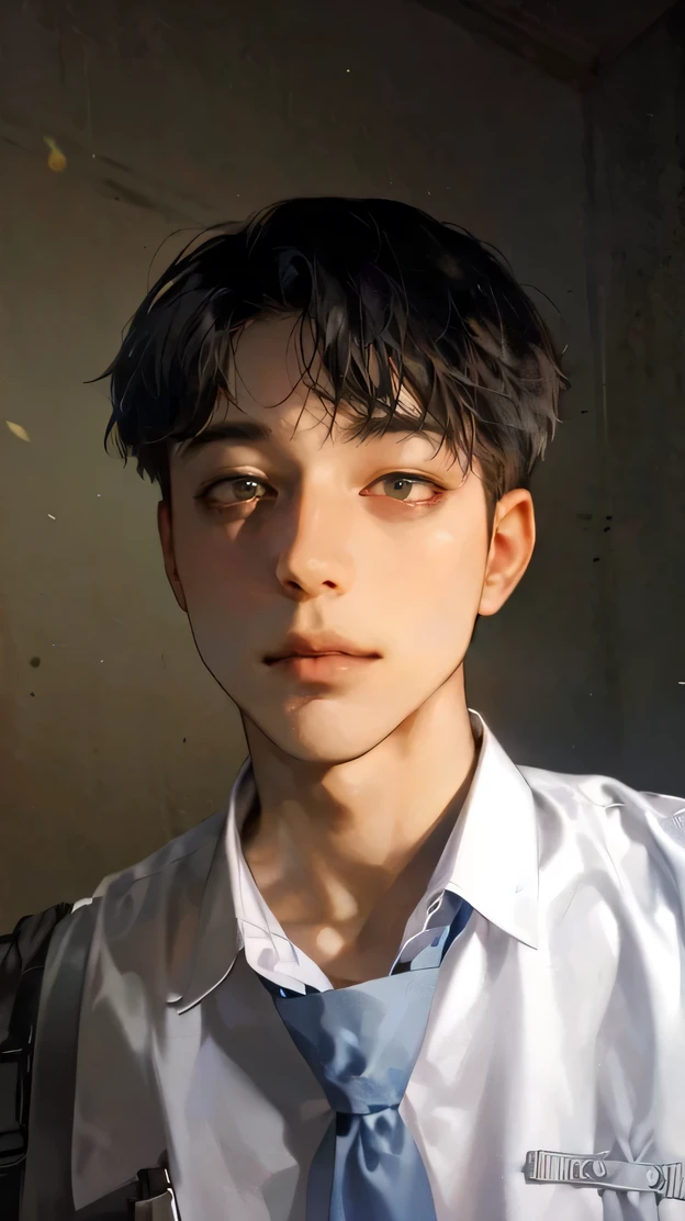 a young man poses for a close-up selfie in a dimly lit room. He has short black hair styled to frame his face and is wearing a white shirt with a collar and a grey tie. His skin has a glossy sheen, possibly from lighting, and he gazes directly at the camera with a serious expression. The background is a muted, textured wall that emphasizes his features, male ulzzang, inspired by Jang Seung-eop, boy hair, inspired by Ueda Fumito, inspired by Joong Keun Lee, inspired by Kim Jeong-hui, jungkook, bowl haircut, black short curtain haircut, inspired by Kim Myeong-guk, blcak hair, inspired by Sugimura Jihei, chin-length hair, boyish face, inspired by Kim Eung-hwan, low quality photo, inspired by Yeong-Hao Han, eboy, hair