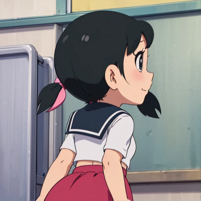 drsizukachan1, dress, Shizuka Minamoto, , expressive, 1 girl, beautiful, sexy, cute, high resolution image, masterpiece, focus on ass, from behind, low angle, slutty, sexy, seductive, abdomen, cleavage, skirt, , serafuku, shirt, white shirt, gray sailor collar, gray skirt, pleated skirt, handkerchief, pink handkerchief, smile, classroom, looking at viewer, dutch angle, cowboy shot,