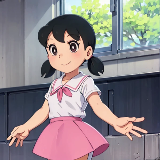 drsizukachan1, dress, Shizuka Minamoto, , expressive, 1 girl, beautiful, sexy, cute, high resolution image, masterpiece, focus on ass, from behind, low angle, slutty, sexy, seductive, abdomen, cleavage, skirt, , serafuku, shirt, white shirt, gray sailor collar, gray skirt, pleated skirt, handkerchief, pink handkerchief, smile, classroom, looking at viewer, dutch angle, cowboy shot,