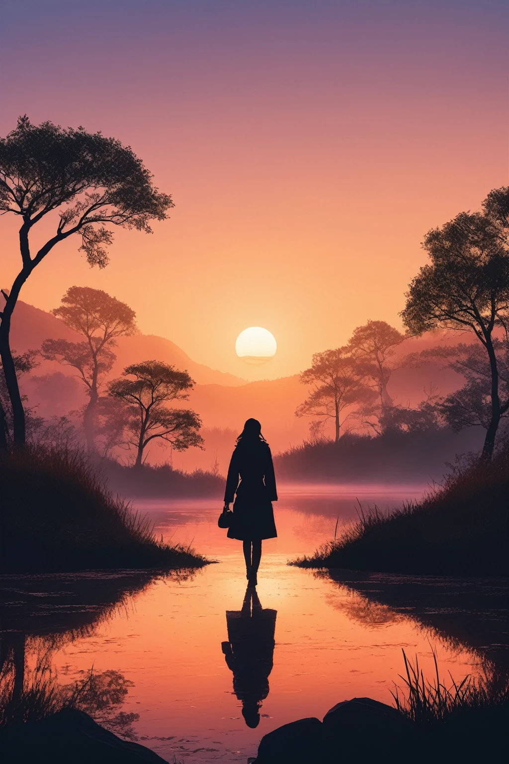 ultra wide angle shot,cinematic style,8k,RAW photo,photo-realistic,masterpiece,best quality,highres,extremely detailed,intricate details,absurdres resolution,High quality texture,detailed texture,vivid color,professional lighting,radiosity,photon mapping,physically-based rendering,High quality shadow,Ray tracing,perfect body,perfect face,perfect hands,Detailed beautiful delicate face,Detailed beautiful delicate eyes,hdr,Multiple layers of silhouette Marshlands,with silhouette of Fjord,sharp edges,at sunset,with heavy fog in air,vector style,horizon silhouette Landscape wallpaper by Alena Aenami,firewatch game style,vector style background,