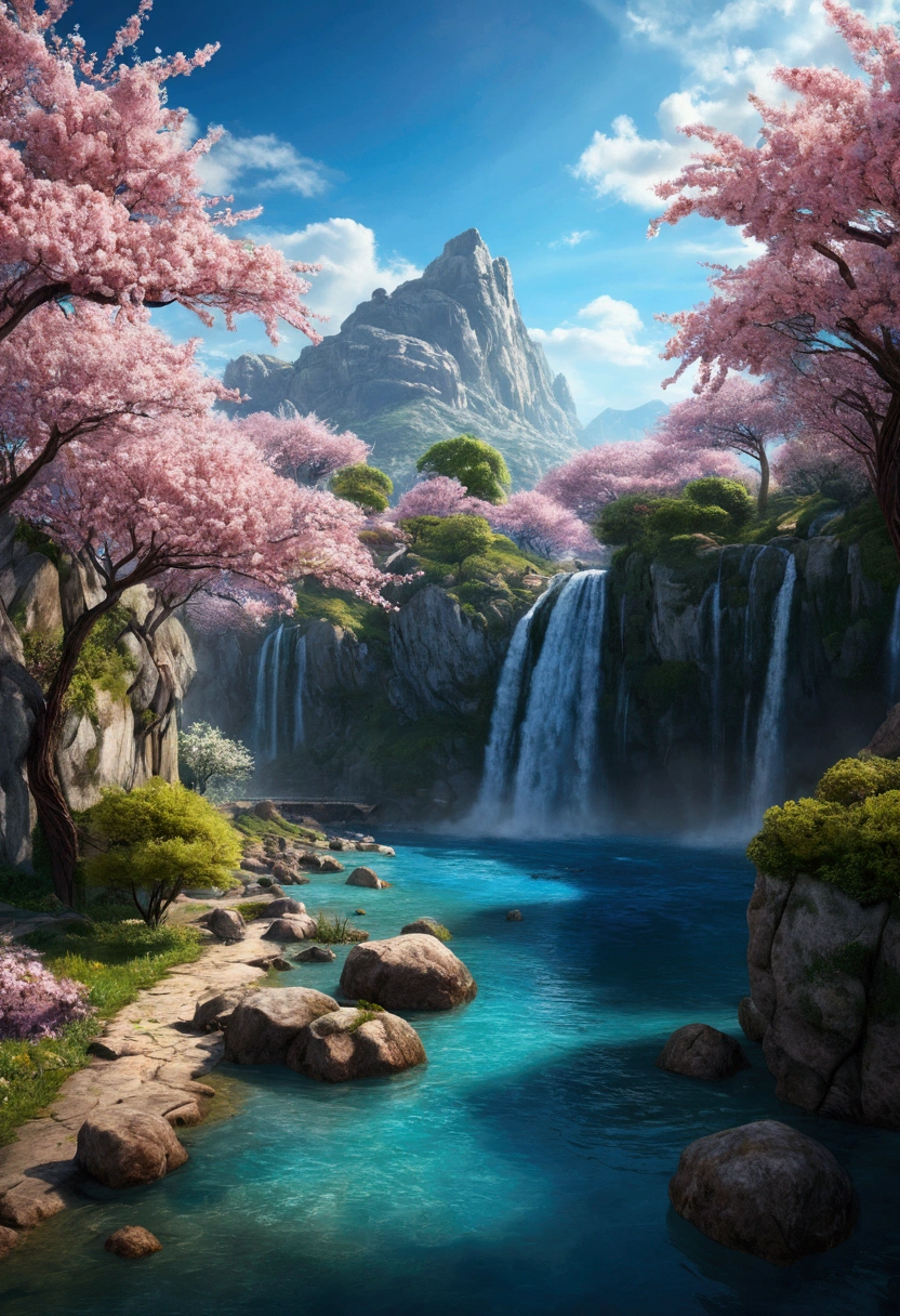 work of art, best qualityer, high qualiy, Extremely detailed CG 8k unity wallpaper, paisaje, open air, sky, nube, sky, sin humanos, moutain, paisaje, water, tree, blue sky, waterfall, cliff, naturey, lake, Riu , nubey skies, rewarded photography, bokeh, Depth of field, HDR, blossom, Chromatic aberration, fotorrealism, very detailled, trends on ArtStation, trends at CGSociety, intrikate, high détail, Dramatic, mid-journey art
