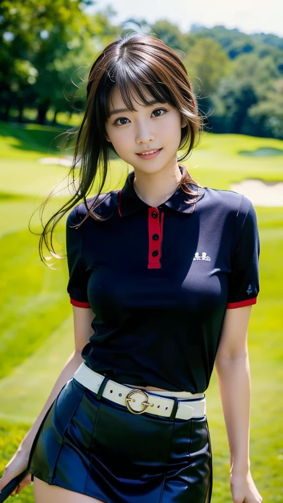 masterpiece, Highest quality，16K, Ultra-high resolution，The light and shadow of reality，Cinema Lenses,(((Black Mini Skirt))),(((Red polo shirt))),((At the golf course))((Her whole body is sexy and her style is outstanding.)),((Very skinny)),((Very firm and shapely beautiful large breasts)),((Her waist is so slim and beautiful)),((Very slim and long beautiful thighs)),((Very slim and long beautiful calves)),((High nose、Small Mouth)),((Clean and slim face line)),((Big dark eyes with long eyelashes)),((Very small face))((Very slim and beautiful arms)),((She is very slim and has a great figure)),((Pure white beautiful skin)),((Cute Japanese Girls)),(Beautiful Eyes:1.1)，,Reflecting clear eyes and a gentle smile,