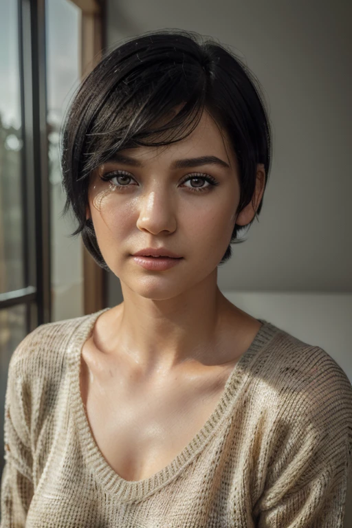 (masterpiece:1.3), (8 K, photorealistic, RAW photo, Best quality: 1.4), (1 girl), Beautiful face, (realistic face), (black hair, short hair:1.3), pretty haircut, Realistic eyes, beautiful detailed eyes, (Realistic skin), beautiful skin, (sweater), absurdity, attractive, ultra high resolution, ultra realistic, very detailed, Golden ratio