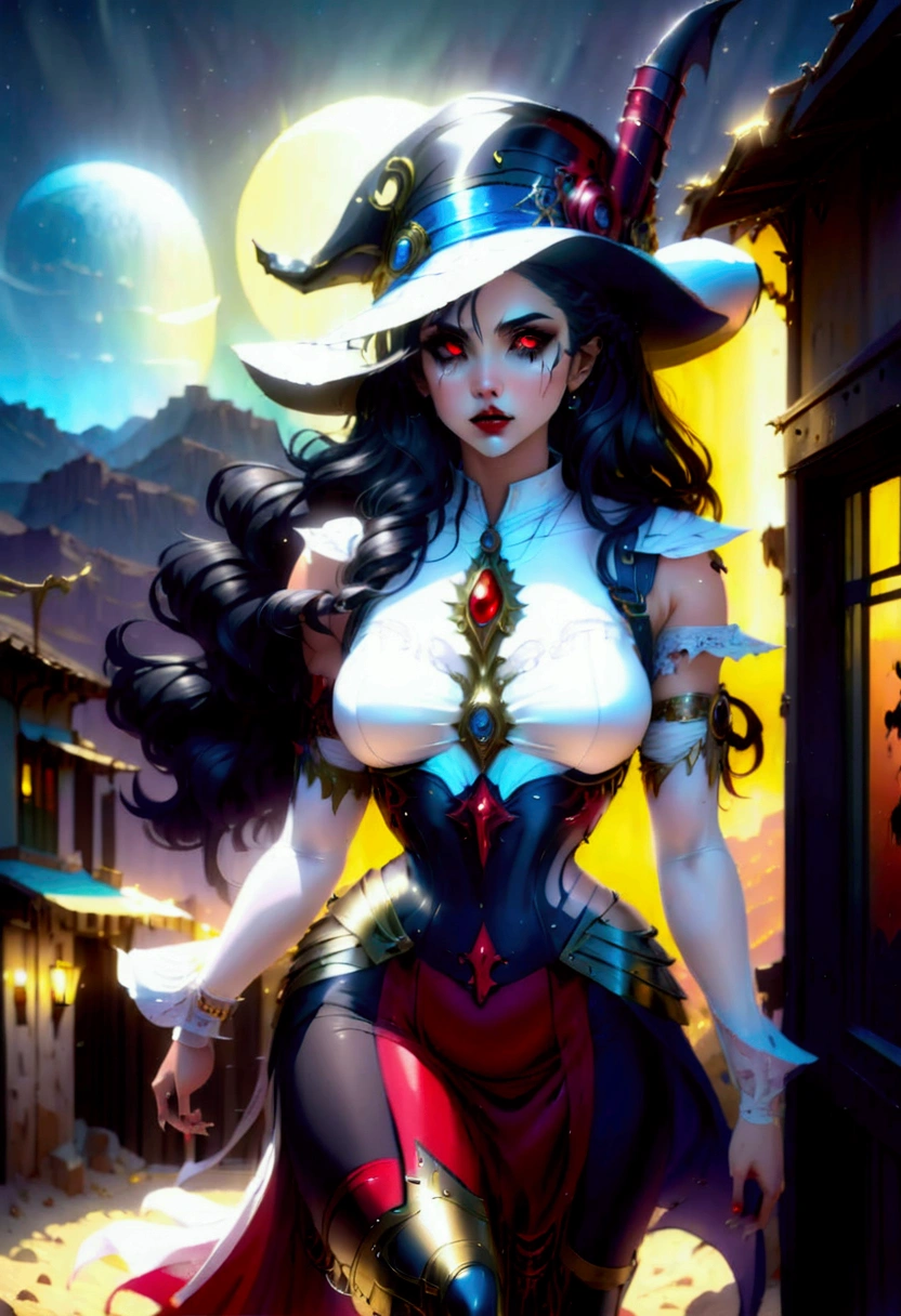 (wild west black and white 19th century photograph style: 1.5) picture of a female vampire cowboy in the desert night, a goth beauty, exquisite beautiful female vampire, ((anatomically correct: 1.5), (ultra detailed face: 1.2), best detailed face, red glowing eyes, full body, busty, wearing white bottom shirt, short skirt, dynamic color. wearing (Gambler Crease hat: 1.2), wearing high heeled boots, wearing open black trench coat, flowing trench coat, (pistol in a holster: 1.1), it is night time in the desert, moon light. moon rays, west America desert canyon background, Hyperrealism style, vibrant, Ultra-high resolution, High Contrast, (masterpiece:1.5), highest quality, Best aesthetics), best details, best quality, highres, ultra wide angle, 16k, [ultra detailed], masterpiece, best quality, (extremely detailed) RAW, chumbasket art style, rpg portrait photograph, BloodSoakedAI