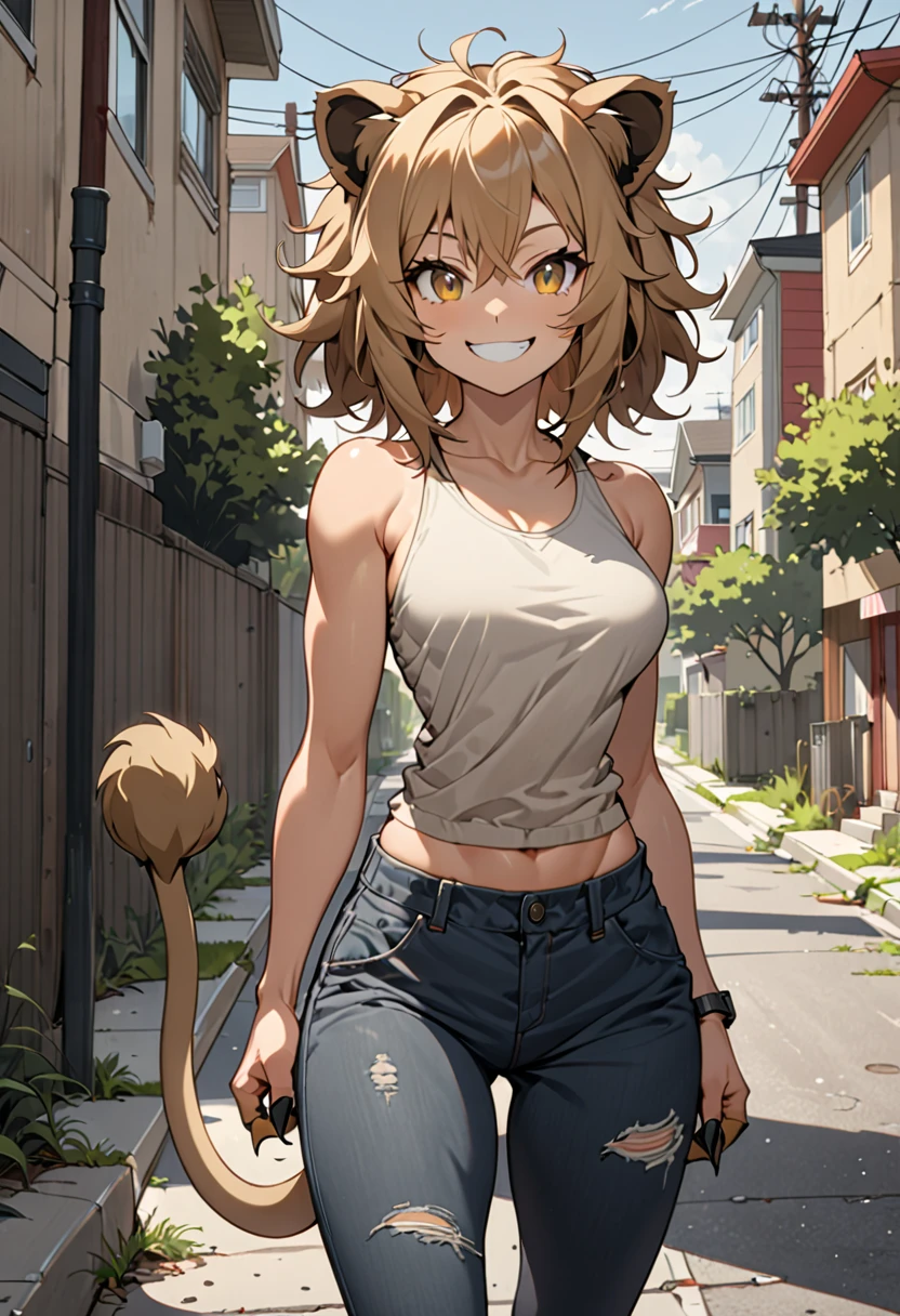 solo female, lion girl, lion ears and tail, short wild sandy hair, hazel eyes, fit, broad shoulders, narrow waist, curvaceous, tomboy, smile, furry claws, medium shot, casual clothes, sidewalk, rundown suburbs, street, summer