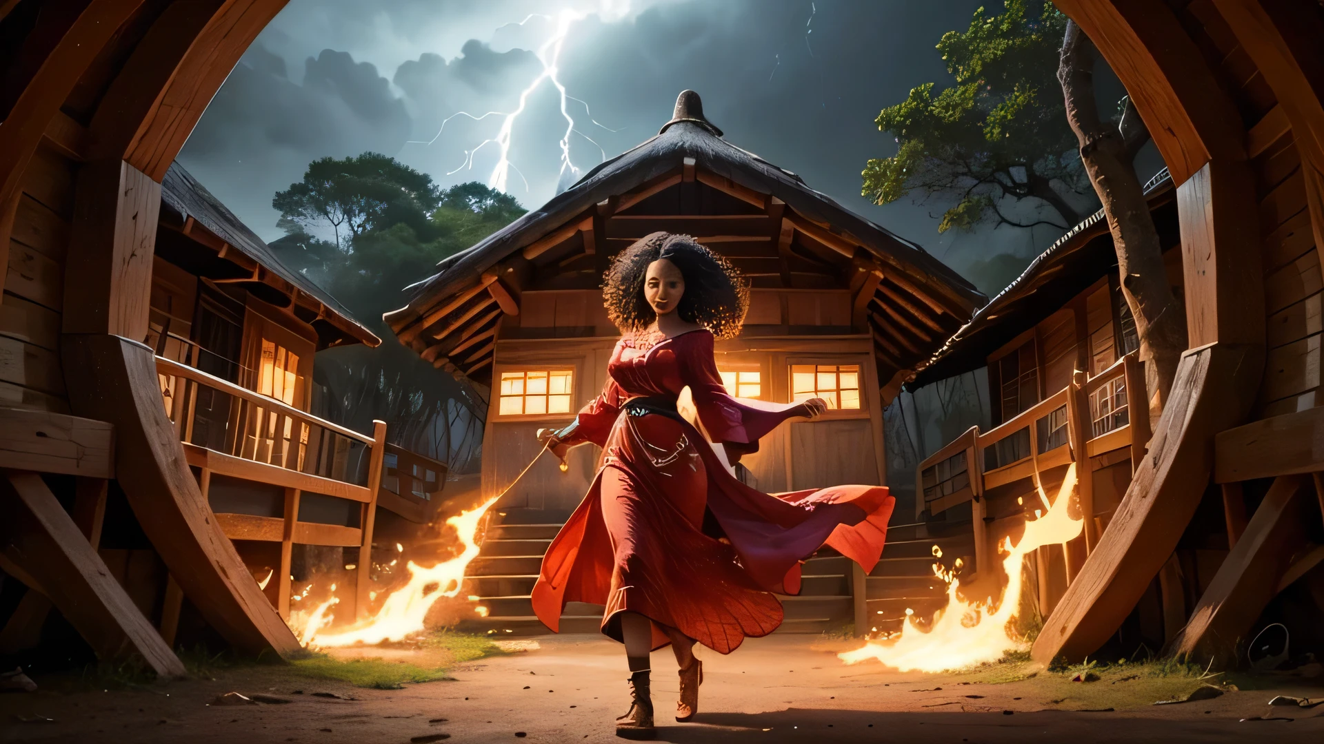describe a scene of a black woman with curly hair, in red clothes around a storm, she is flying, her presence radiates authority and grace. She is flying and dressed in flowing clothes of deep red, the color that symbolizes her fiery spirit and power over the elements. The red robes swirl around her as if she were dancing in the wind, enhancing her majestic and dynamic appearance. In her right hand, the woman wields a curved dagger that shines with a polished finish. the dagger adorned with intricate carvings and vibrant colors, including shades of red and gold. Around her there are hurricanes and storms, lightning and turbulent winds and lightning highlighting her role as a symbol of her strength and transformative power. The bow is held high, its graceful curve reflecting the turbulent winds and intense energy of the storm around it. The sky is a dramatic tableau of dark, swirling clouds, lit by frequent, irregular flashes of lightning. The storm blows with strong winds, which whip the forest, causing the trees and foliage to sway and rustle. Lightning flashes intermittently, casting an ethereal glow that accentuates the intensity of the scene. The woman stands next to a humble African-style hut that stands proudly in the midst of a dense, lush African forest. The hut is made with traditional materials, showing the simplicity and elegance of Yoruba architecture. The structure features walls made from palm leaves and mud, providing natural insulation and blending perfectly with the surrounding environment. The thatched roof, composed of dried palm leaves, is expertly layered to create a strong and protective covering. The exterior of the hut is adorned with vibrant, hand-painted patterns and symbols in earthy tones and traditional motifs that reflect Yoruba art and spirituality. The entrance is framed by wooden posts and a simple beaded curtain hangs over the door, adding decor and functionality. The cabin's surroundings are lush with tropical foliage,