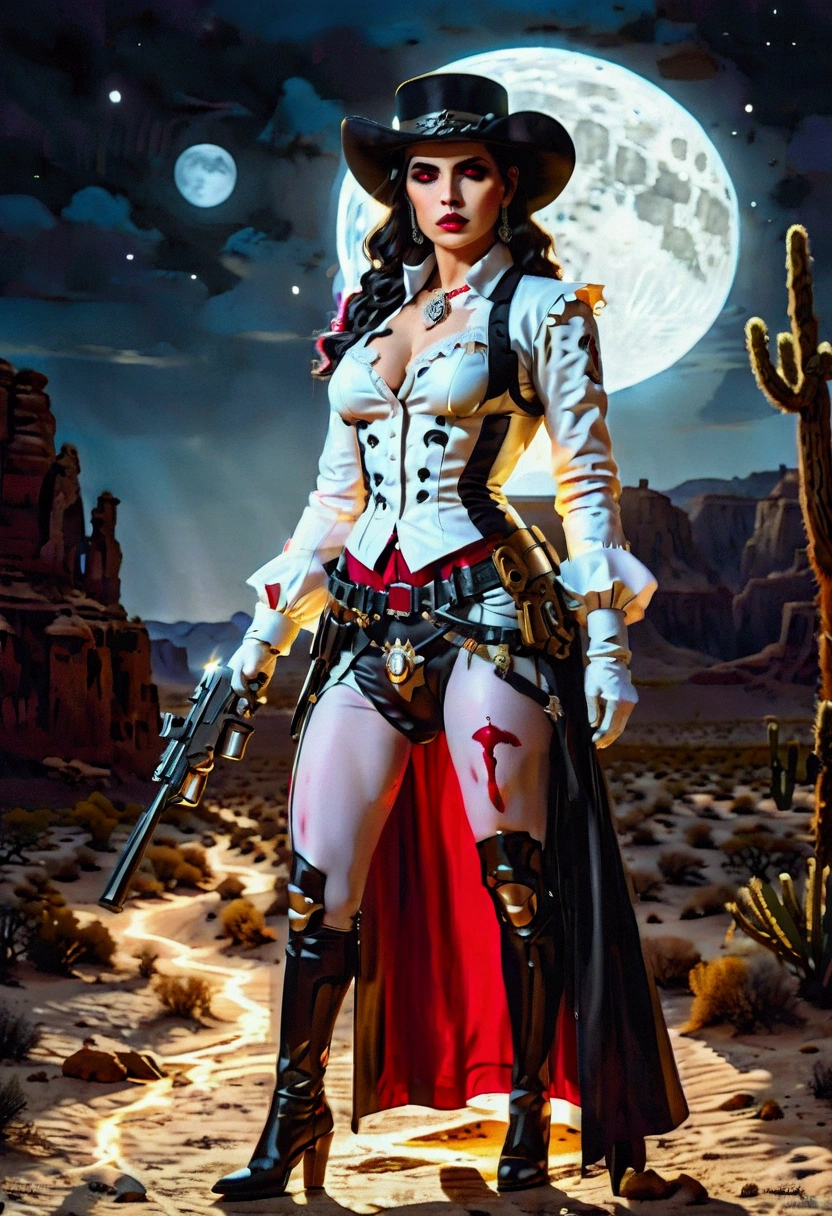 (wild west black and white 19th century photograph style: 1.5) picture of a female vampire cowboy in the desert night, a goth beauty, exquisite beautiful female vampire, ((anatomically correct: 1.5), (ultra detailed face: 1.2), best detailed face, red glowing eyes, full body, busty, wearing white bottom shirt, short skirt, dynamic color. wearing (Gambler Crease hat: 1.2), wearing high heeled boots, wearing open black trench coat, flowing trench coat, (pistol in a holster: 1.1), it is night time in the desert, moon light. moon rays, west America desert canyon background, Hyperrealism style, vibrant, Ultra-high resolution, High Contrast, (masterpiece:1.5), highest quality, Best aesthetics), best details, best quality, highres, ultra wide angle, 16k, [ultra detailed], masterpiece, best quality, (extremely detailed) RAW, chumbasket art style, rpg portrait photograph, BloodSoakedAI