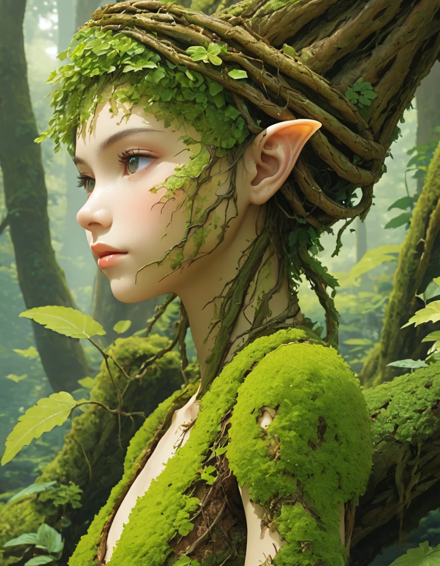 Plant based alien lifeform. moss, bark, vine like limbs.