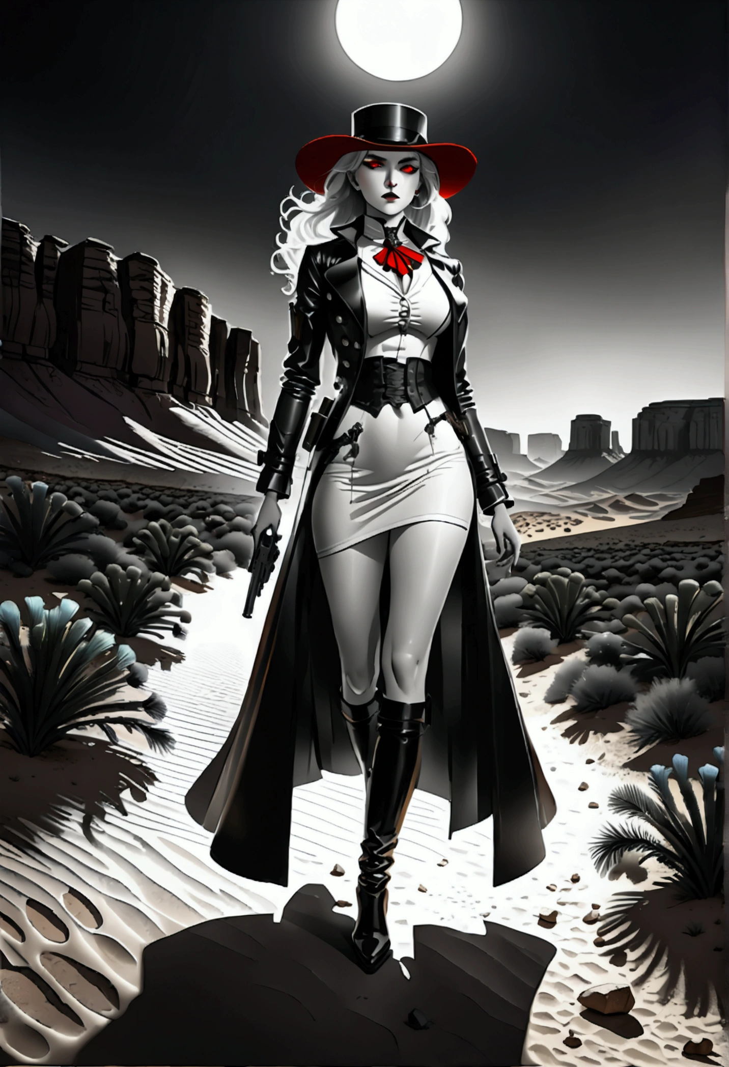 (wild west black and white 19th century photograph style: 1.5) picture of a female vampire cowboy in the desert night, a goth beauty, exquisite beautiful female vampire, ((anatomically correct: 1.5), (ultra detailed face: 1.2), best detailed face, red glowing eyes, full body, busty, wearing white bottom shirt, short skirt, dynamic color. wearing (Gambler Crease hat: 1.2), wearing high heeled boots, wearing open black trench coat, flowing trench coat, (pistol in a holster: 1.1), it is night time in the desert, moon light. moon rays, west America desert canyon background, Hyperrealism style, vibrant, Ultra-high resolution, High Contrast, (masterpiece:1.5), highest quality, Best aesthetics), best details, best quality, highres, ultra wide angle, 16k, [ultra detailed], masterpiece, best quality, (extremely detailed) RAW, chumbasket art style, rpg portrait photograph,