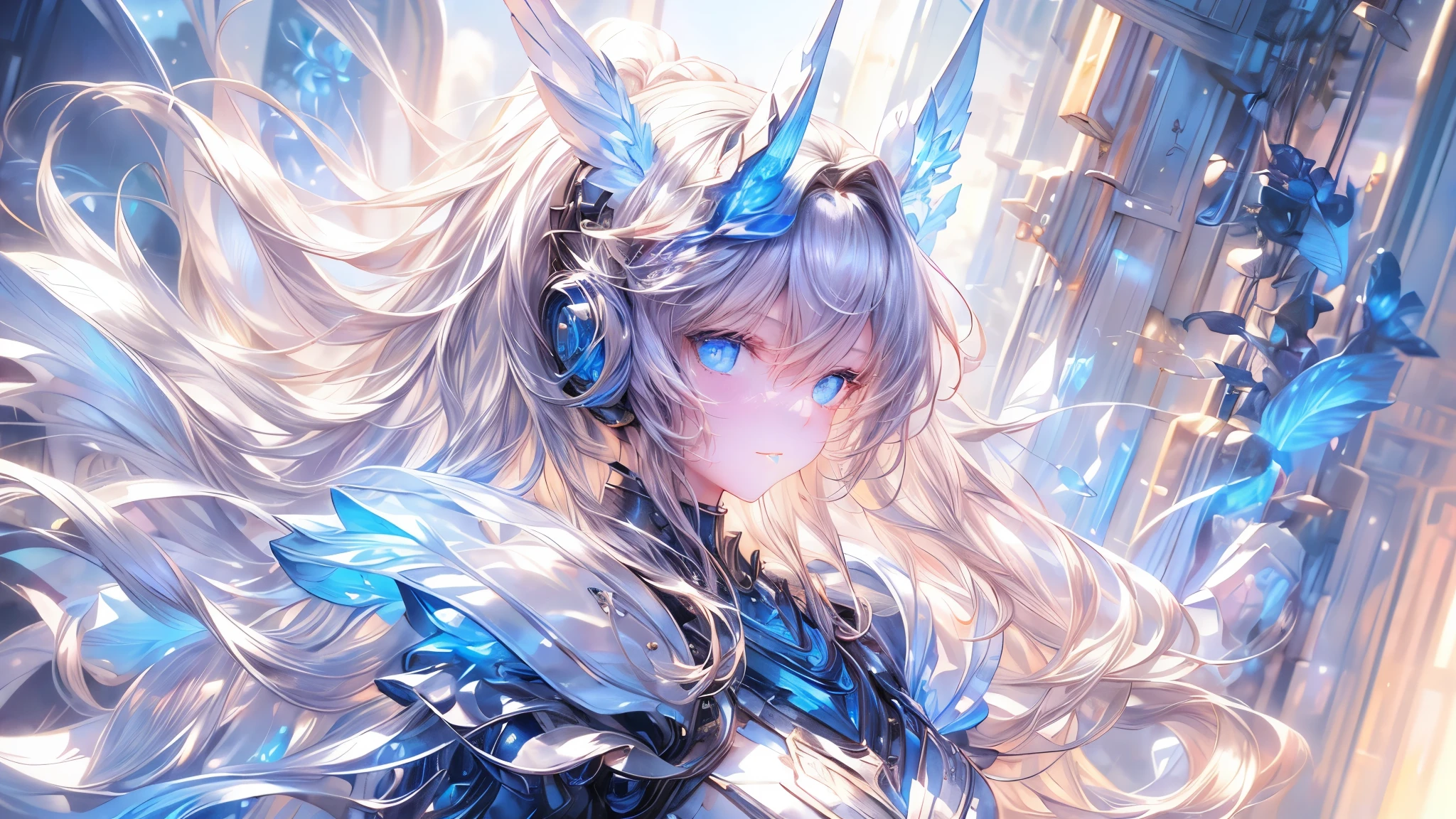 ((super detailed),sky background,beautiful clouds,The light from the back window is backlit.,element,Watercolor pattern in calm colors),(watercolor texture), ((1 girl),long gray hair,blonde hair,blue eyes,adorable,Angelic),light smile,lolita prostitute,best image quality