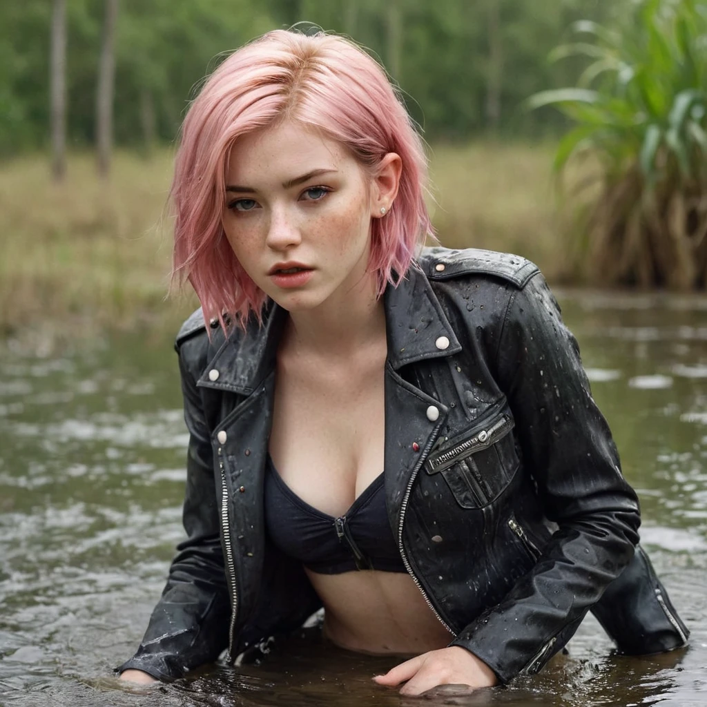 masterpiece, professional, sensation, attention-grabbing, age girl, drowning in a swamp, drowning, sinking, , freckles, wearing soaking wet jeans, messy, faded leather biker jacket, t-shirt, pale skin, lifeless expression, dry-humping, intimate moment:1.2, fetishistic desires girl, 21 year old , short shoulder-length hair, pink hair color, 