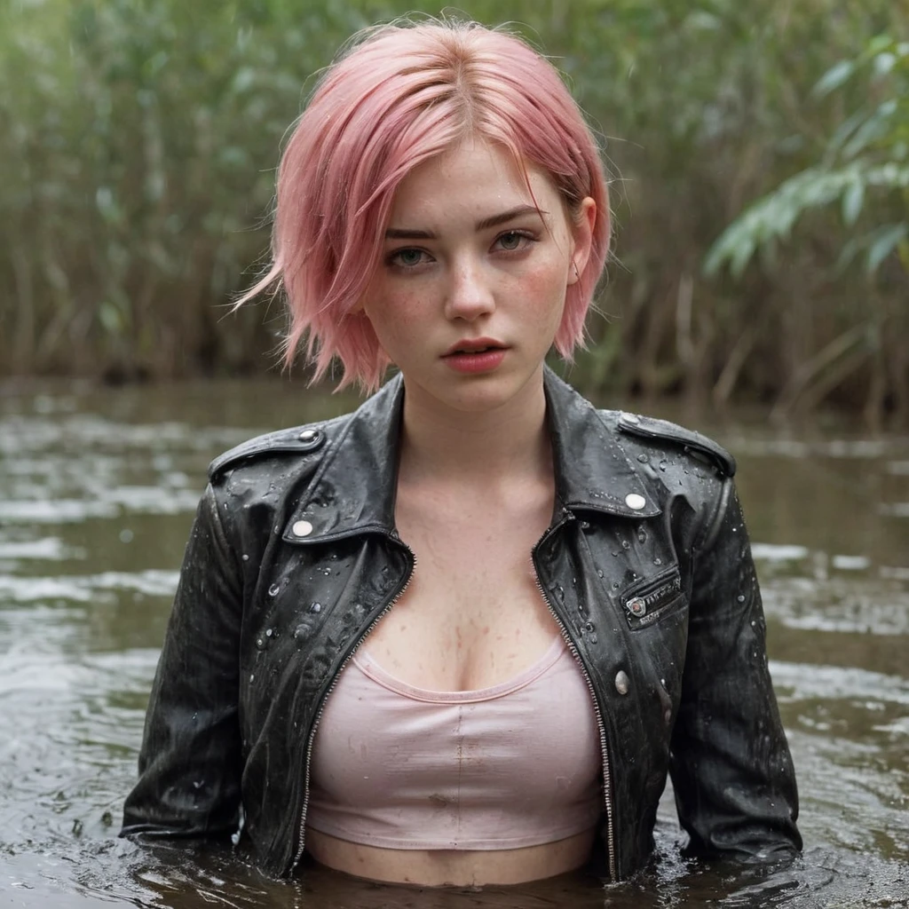 masterpiece, professional, sensation, attention-grabbing,  girl, drowning in a swamp, drowning, sinking, , freckles, wearing soaking wet jeans, messy, faded leather biker jacket, t-shirt, pale skin, lifeless expression, dry-humping, intimate moment:1.2, fetishistic desires girl, 21 year old , short shoulder-length hair, pink hair color, 