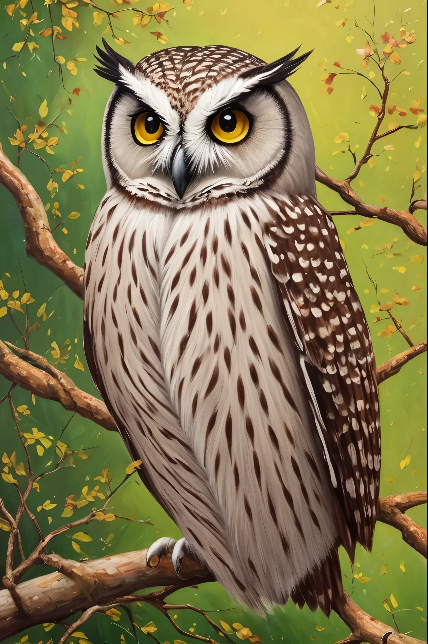 painting of an owl sitting on a branch with a dark background, a detailed painting by Shao Mi, trending on Artstation, fine art, beautiful painting of a tall, beautiful art, painted in oil colours, oil painted, gorgeous art, beautiful detail and color, beautifully painted, owl, an owl, very neat, painted with oil, oil paint