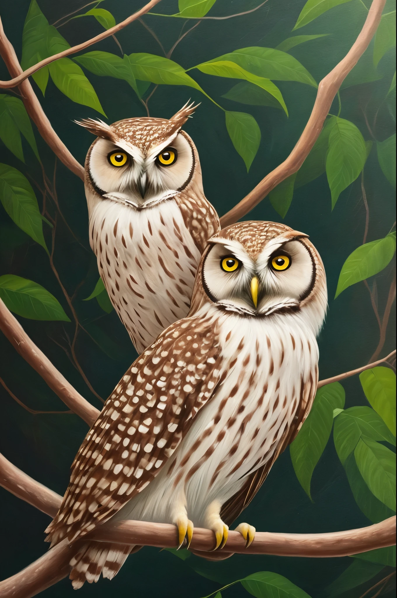painting of an owl sitting on a branch with a dark background, a detailed painting by Shao Mi, trending on Artstation, fine art, beautiful painting of a tall, beautiful art, painted in oil colours, oil painted, gorgeous art, beautiful detail and color, beautifully painted, owl, an owl, very neat, painted with oil, oil paint