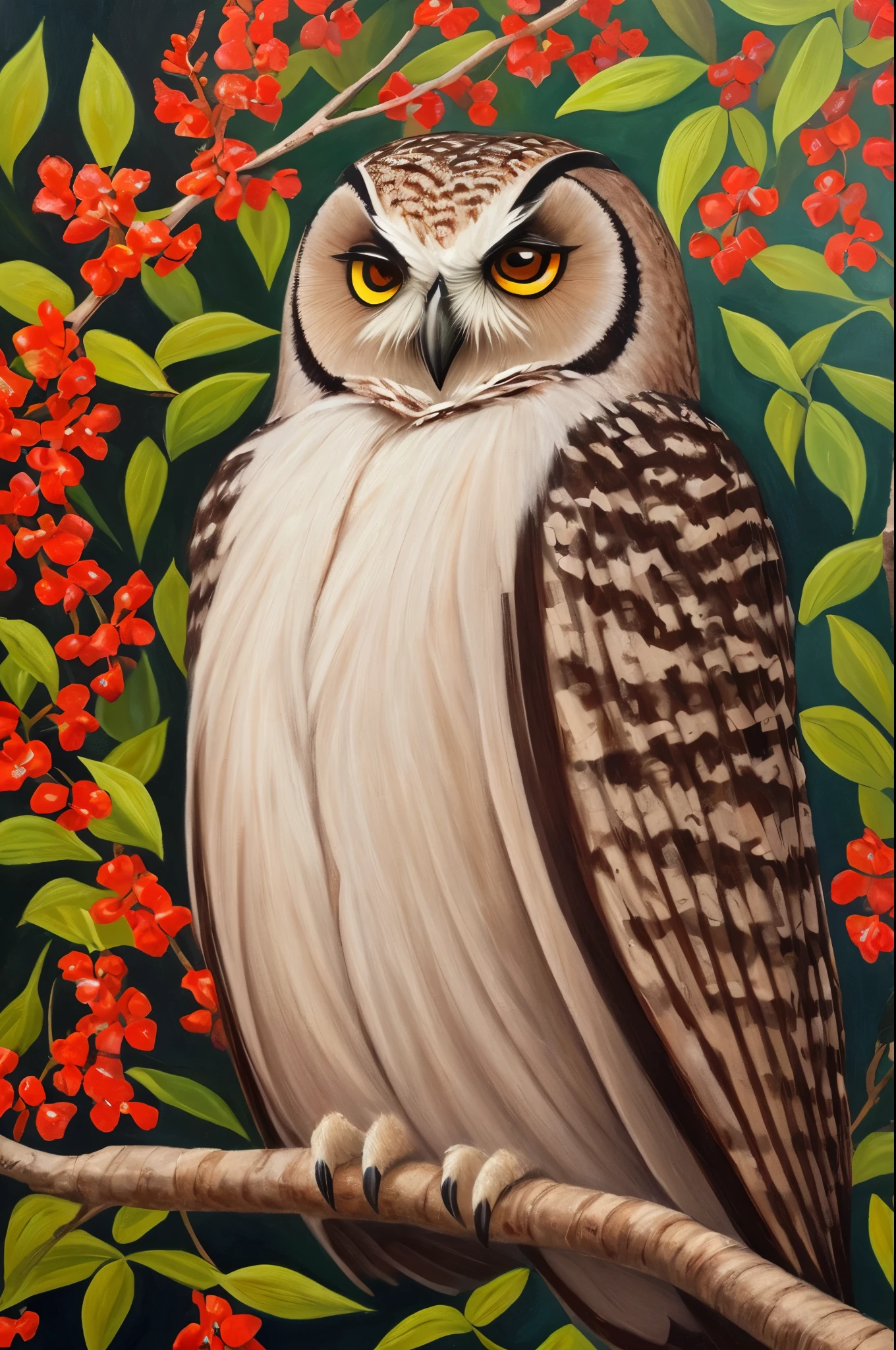 painting of an owl sitting on a branch with a dark background, by Shao Mi, beautiful painting of a tall, beautiful art, painted in oil colours, by Elina Karimova, oil painted, by Bencho Obreshkov, gorgeous art, by Radi Nedelchev, by Zeen Chin, by Auseklis Ozols