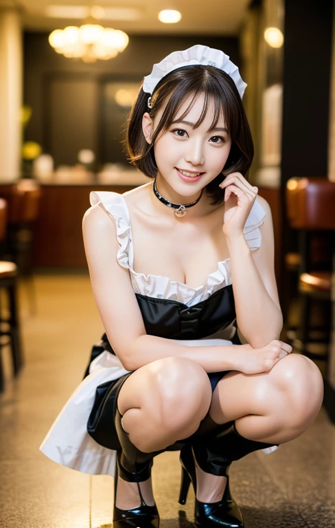 (A beautiful lady with a timeless-elegance maid outfit, Hill Valley in AD1955, squatting at Lou's Cafe. She has a friendly body language, dimpled cheeks, kind smile, positive vibes, cowboy_shot, wearing high heels, red ribbon collar, short bob hair, squatting pose, masterpiece, bokeh night background,(best quality,4k,8k,highres,masterpiece:1.2),ultra-detailed,(realistic,photorealistic,photo-realistic:1.37),detailed facial features,beautiful detailed eyes,beautiful detailed lips,extremely detailed face,longeyelashes,maid uniform,maid cafe interior,studio lighting,vivid colors,warm lighting)  #BTTF #DeLorean #TimeMachine