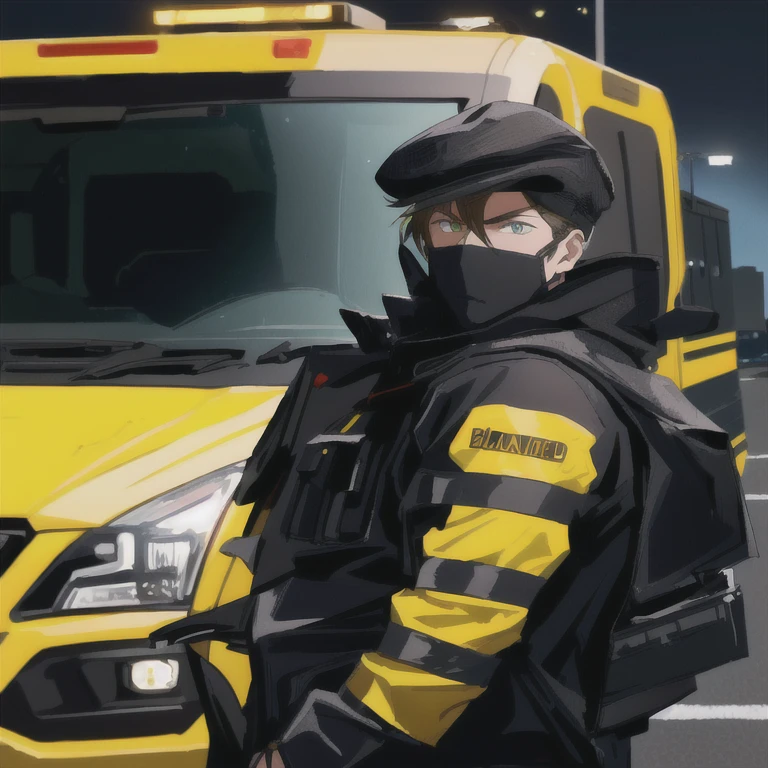 arafed man in a black and yellow uniform standing in front of a yellow truck, Interesting background, in the bottom, black and yellow, intense look, en the bottom, soft on _ the bottom, Security agent, yellow and black, bussiere rutkowski andreas rocha, by Jens Søndergaard, black and yellow scheme, basic, very high resolution